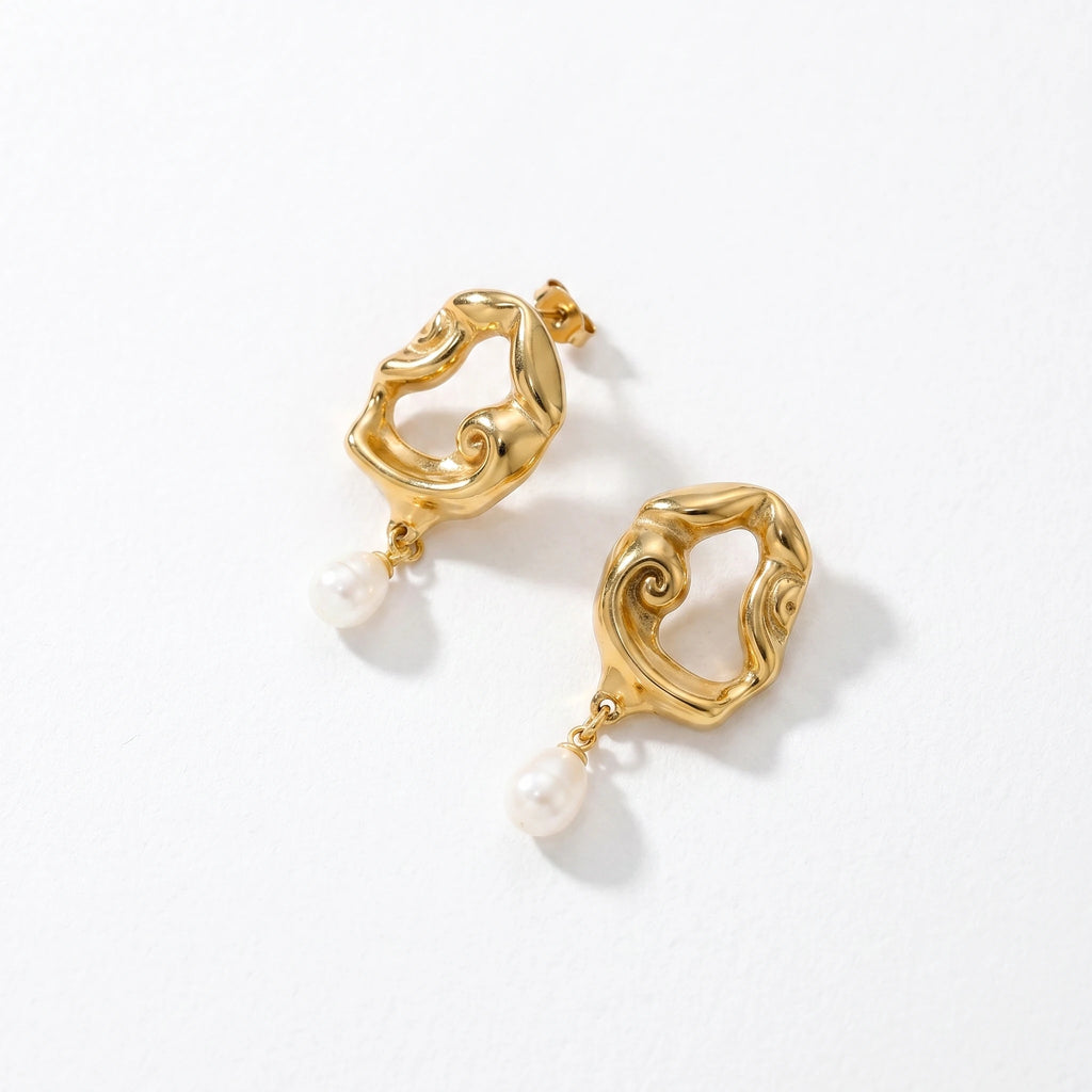 QIAOREN 12522  Avant-Garde Molten Metal Teardrop Pearl Earrings Stainless Steel Gold Irregular Statement Jewelry