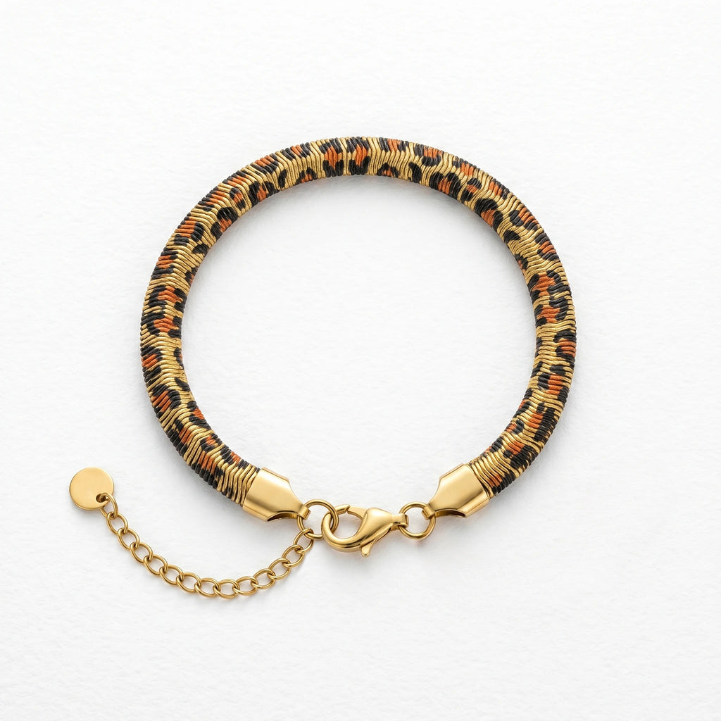 QIAOREN 10642 Trendy Leopard Print Stainless Steel Bracelet Gold Tone Snake Chain Waterproof Fashion Jewelry for Women