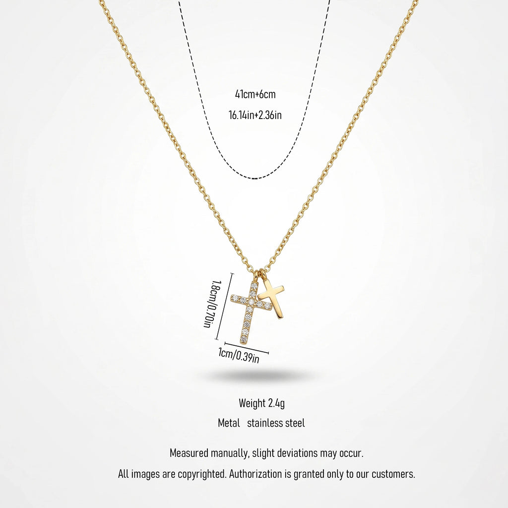 QIAOREN 13753 Thin Oval Link Chain Double Cross Pendant Necklace, One Paved Clear Zircon Cross & One Solid Plain Cross Charms