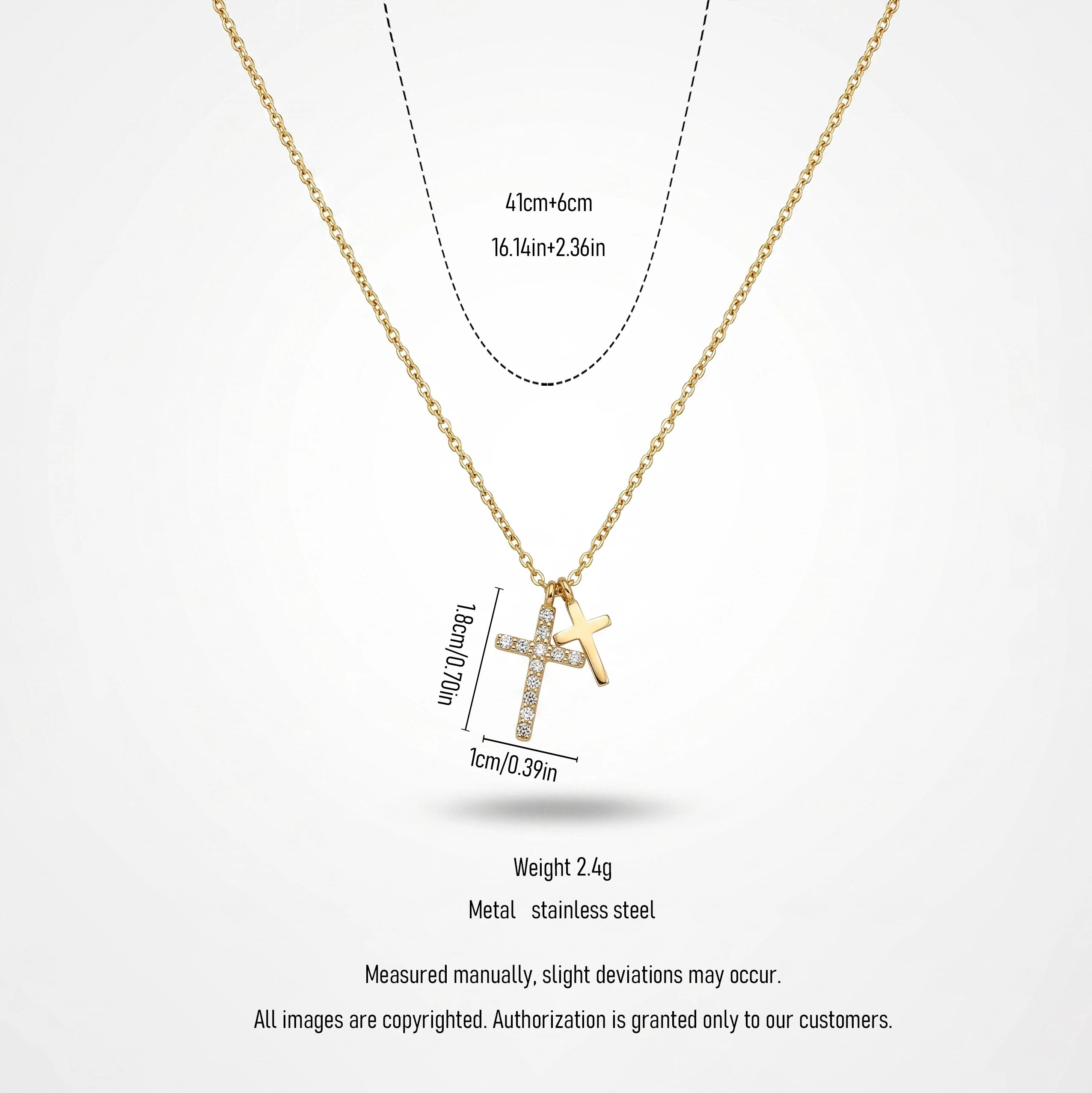 QIAOREN 13753 Thin Oval Link Chain Double Cross Pendant Necklace, One Paved Clear Zircon Cross & One Solid Plain Cross Charms