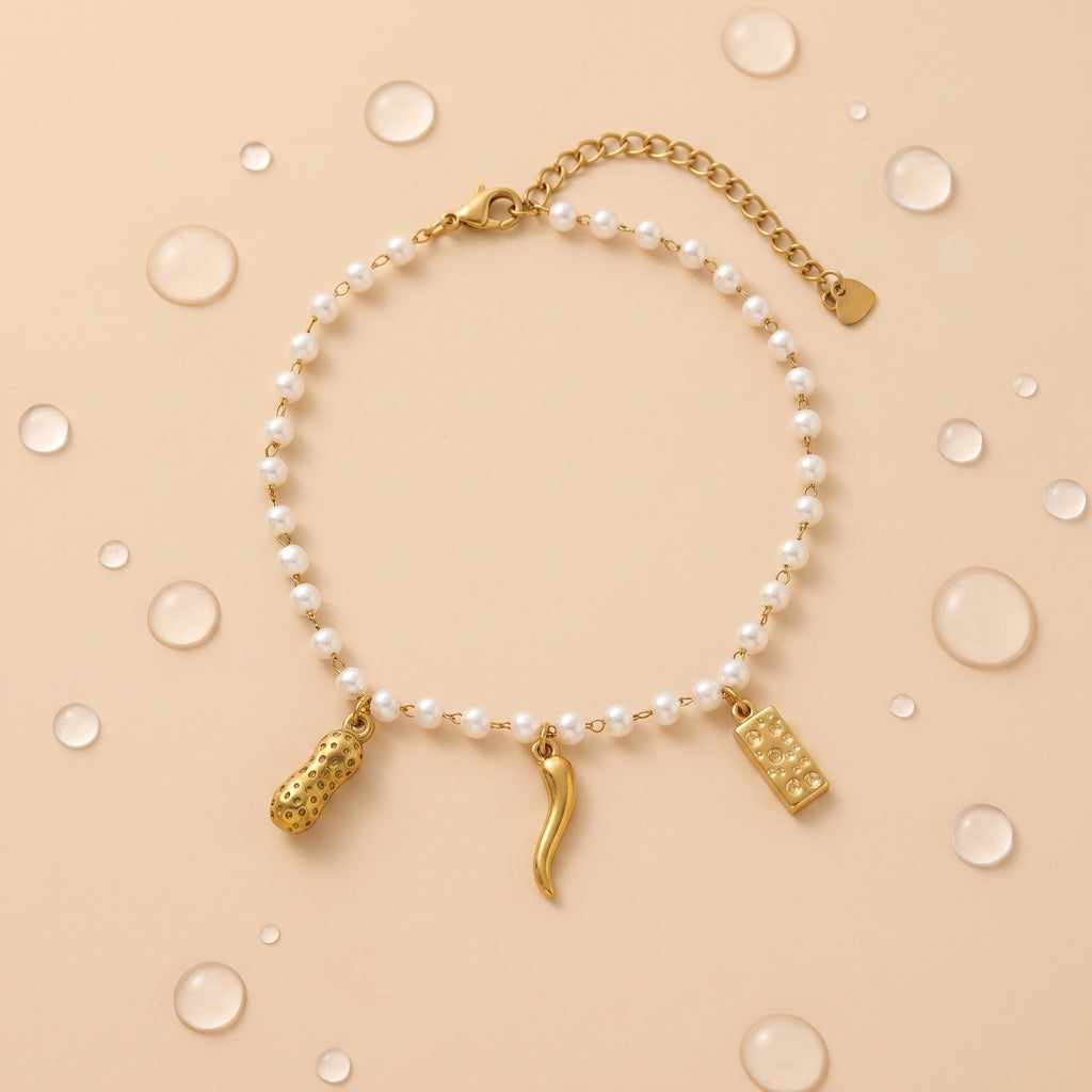 QIAOREN 13313 Fortune Themed Faux Pearl Anklet Gold Peanut Chili Gold Bar Charms Adjustable Jewelry