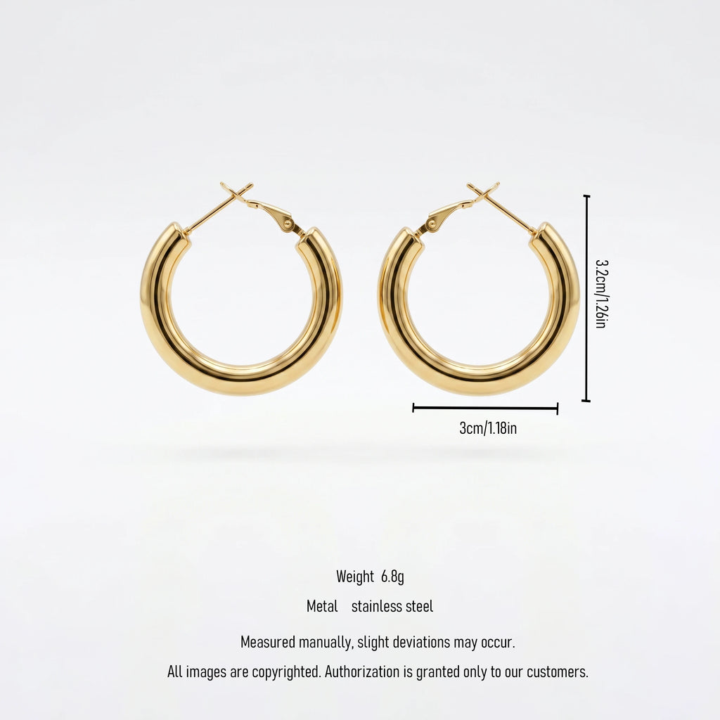 QIAOREN 12418 Trendy Chunky Gold Hoop Earrings Stainless Steel Bold Thick Round Pipe Circular Large Hoops Women US Europe