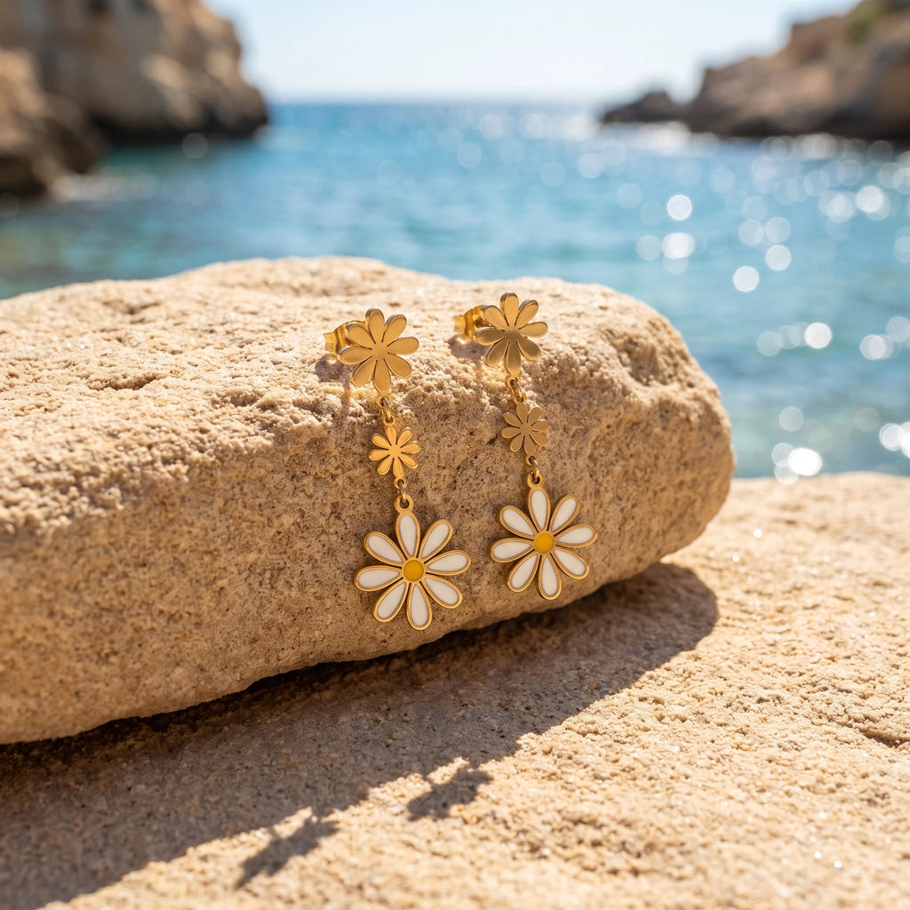 QIAOREN 14547 Triple Daisy Enamel Drop Stud Earrings, Gold Floral Dangle Earrings with White Yellow Enamel Jewelry