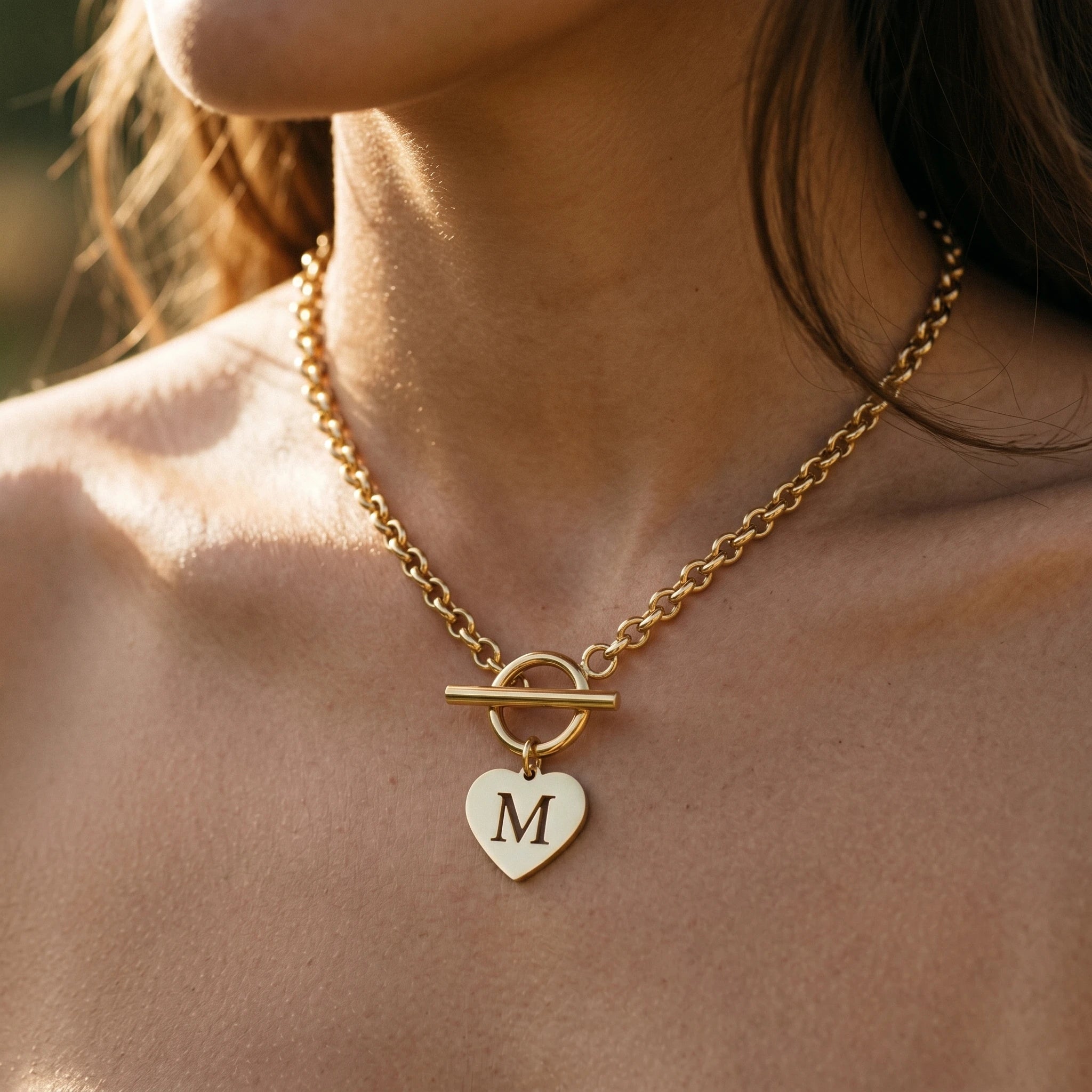 QIAOREN 10541 European American Trendy Punk Style Stainless Steel Link Chain Necklace 18K PVD Gold Plated Heart Women's Jewelry