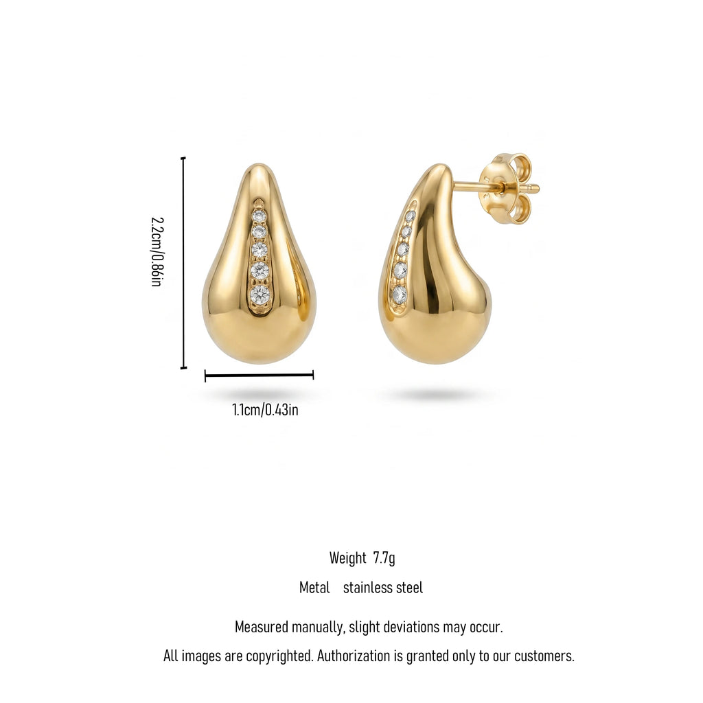 QIAOREN 12508 Tarnish Free Waterproof Gold Water Drop Earrings Stainless Steel Pave CZ Stripe Puffy Studs Women US EU