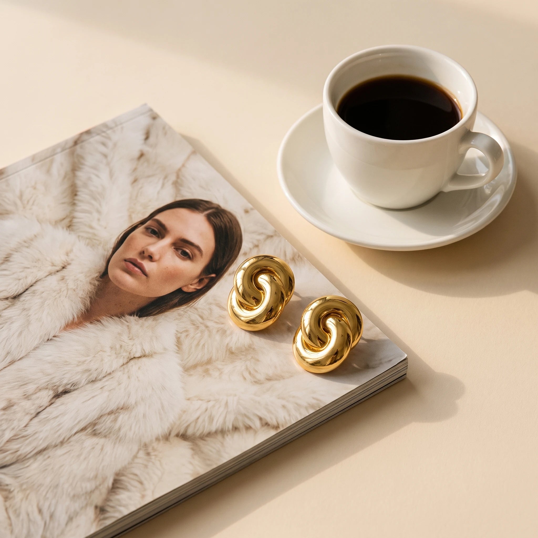QIAOREN 14543 Chunky Love Knot Stud Earrings, Polished Thick Tube Gold Twisted Knot Earrings, Hypoallergenic Jewelry Gift