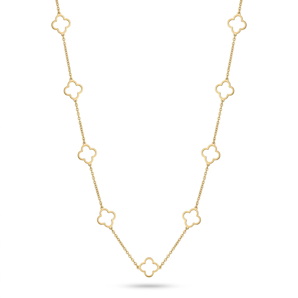 QIAOREN 11357 18K Gold Plated Open Clover Station Necklace Stainless Steel Tarnish Free Waterproof Jewelry