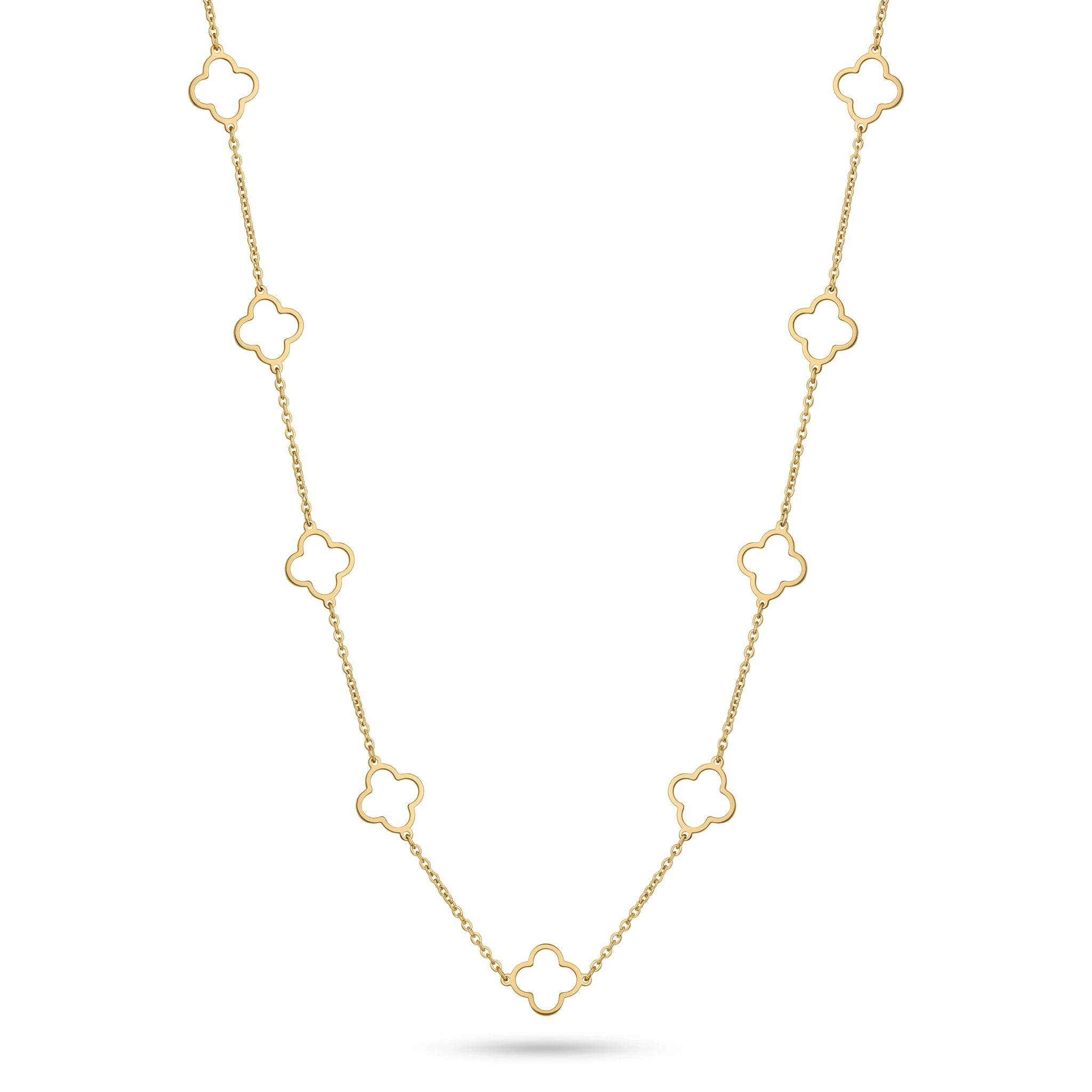 QIAOREN 11357 18K Gold Plated Open Clover Station Necklace Stainless Steel Tarnish Free Waterproof Jewelry