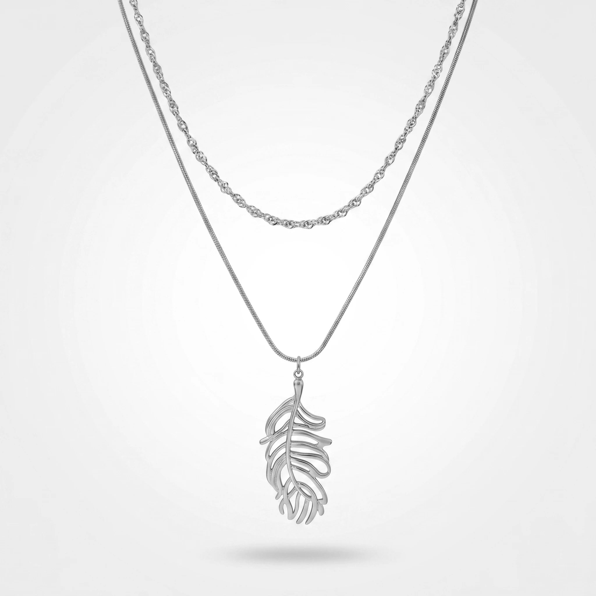 QIAOREN 11928 Elegant Double Layered Stainless Steel Leaf Necklace Gold Snake Twisted Chain  Jewelry Women EU US Hot Sell
