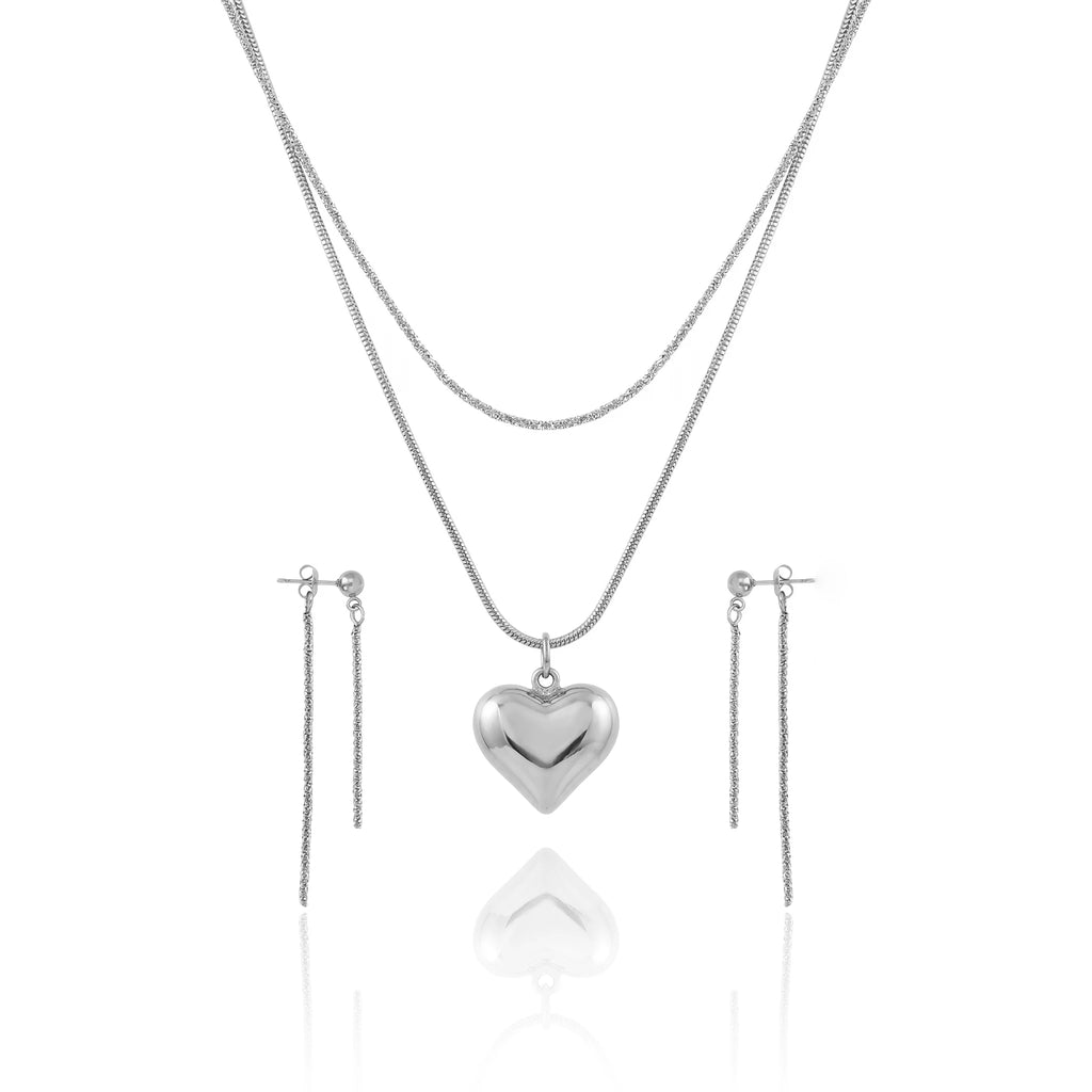 QIAOREN 12862 Waterproof Puffy Heart Necklace & Drop Earrings Set, Tarnish Free 18K Gold Plated Layered Jewelry for Women