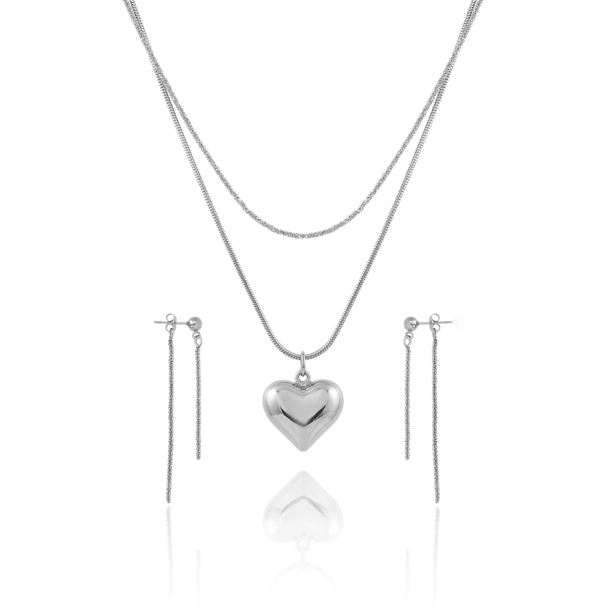 QIAOREN 12862 Waterproof Puffy Heart Necklace & Drop Earrings Set, Tarnish Free 18K Gold Plated Layered Jewelry for Women