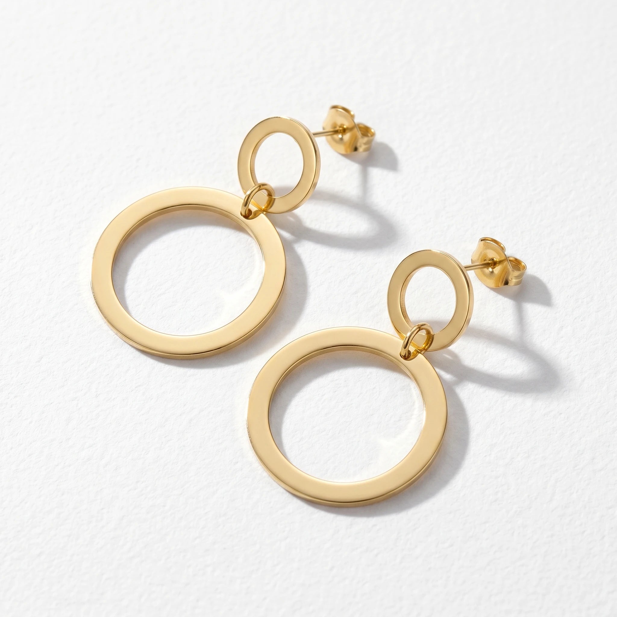 QIAOREN 11192 Chic Double Circle Stud Earrings Waterproof Stainless Steel Gold Earrings European Style Jewelry