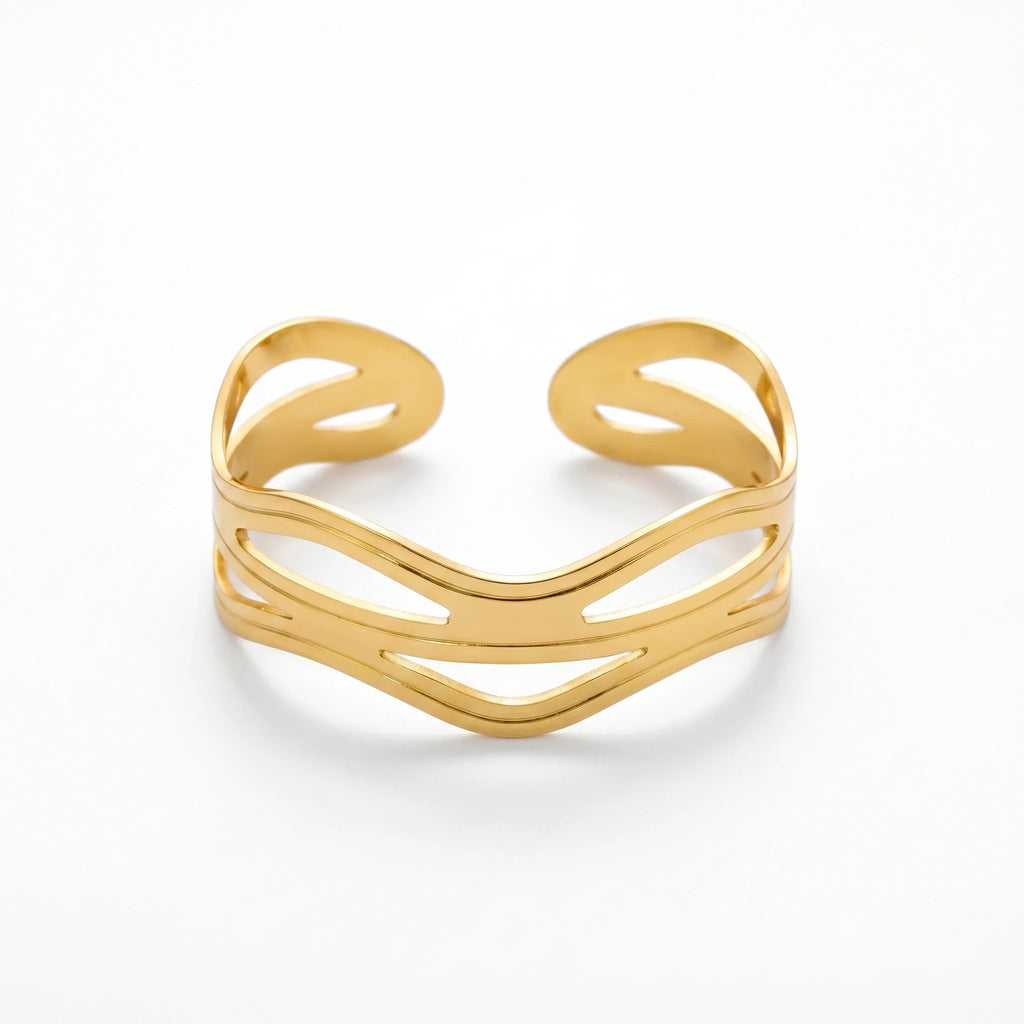 QIAOREN 12665 18K Gold Polished Triple Layer  Bracelet Stainless Steel Abstract Curved Adjustable Stackable Wrist Jewelry Gift