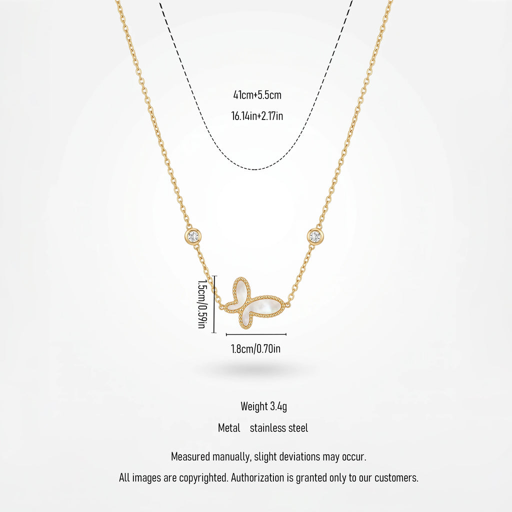 QIAOREN 13710 Thin Cable Chain Necklace with Hollow Beaded Border Butterfly Inlaid White Mother of Pearl & Dual Zircon