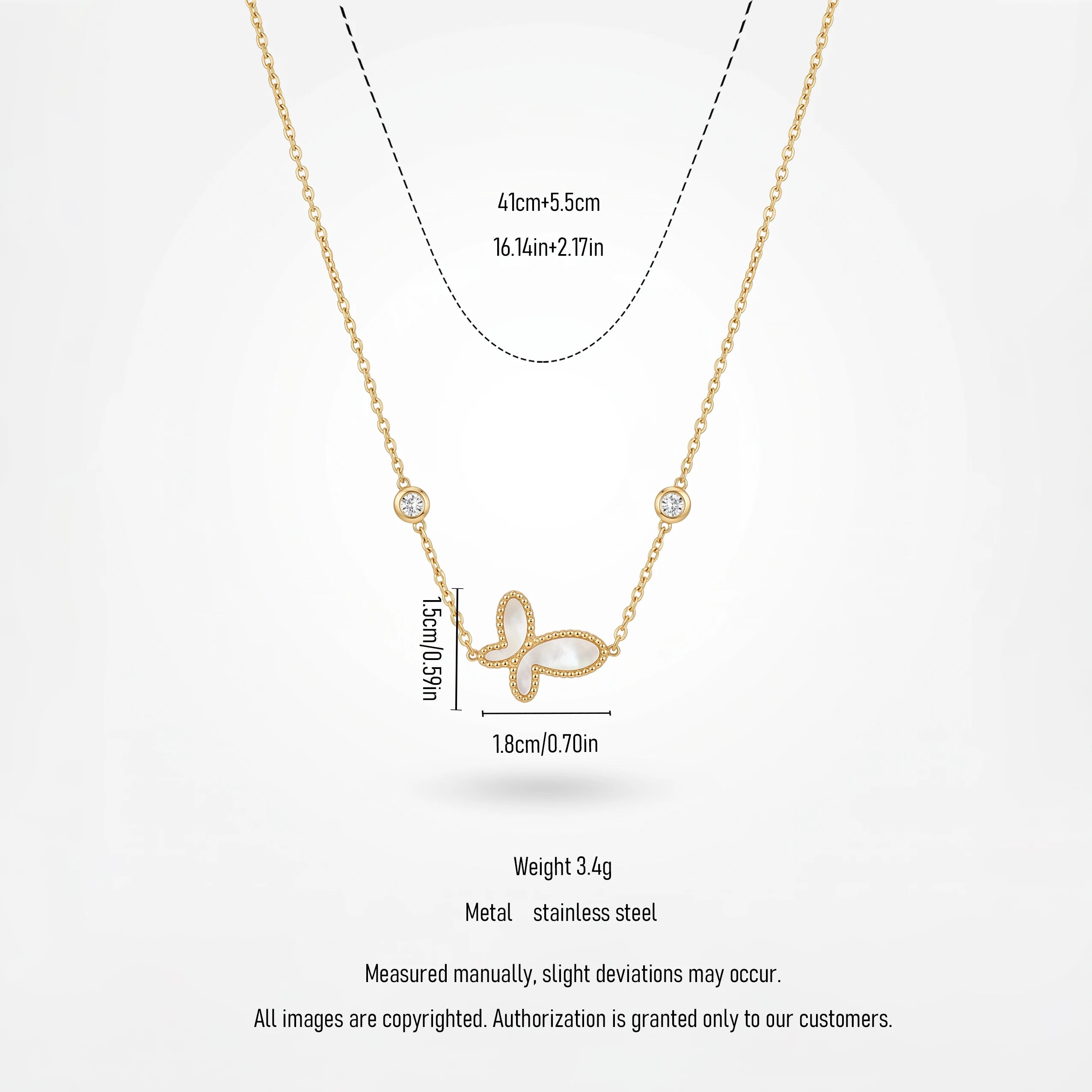 QIAOREN 13710 Thin Cable Chain Necklace with Hollow Beaded Border Butterfly Inlaid White Mother of Pearl & Dual Zircon