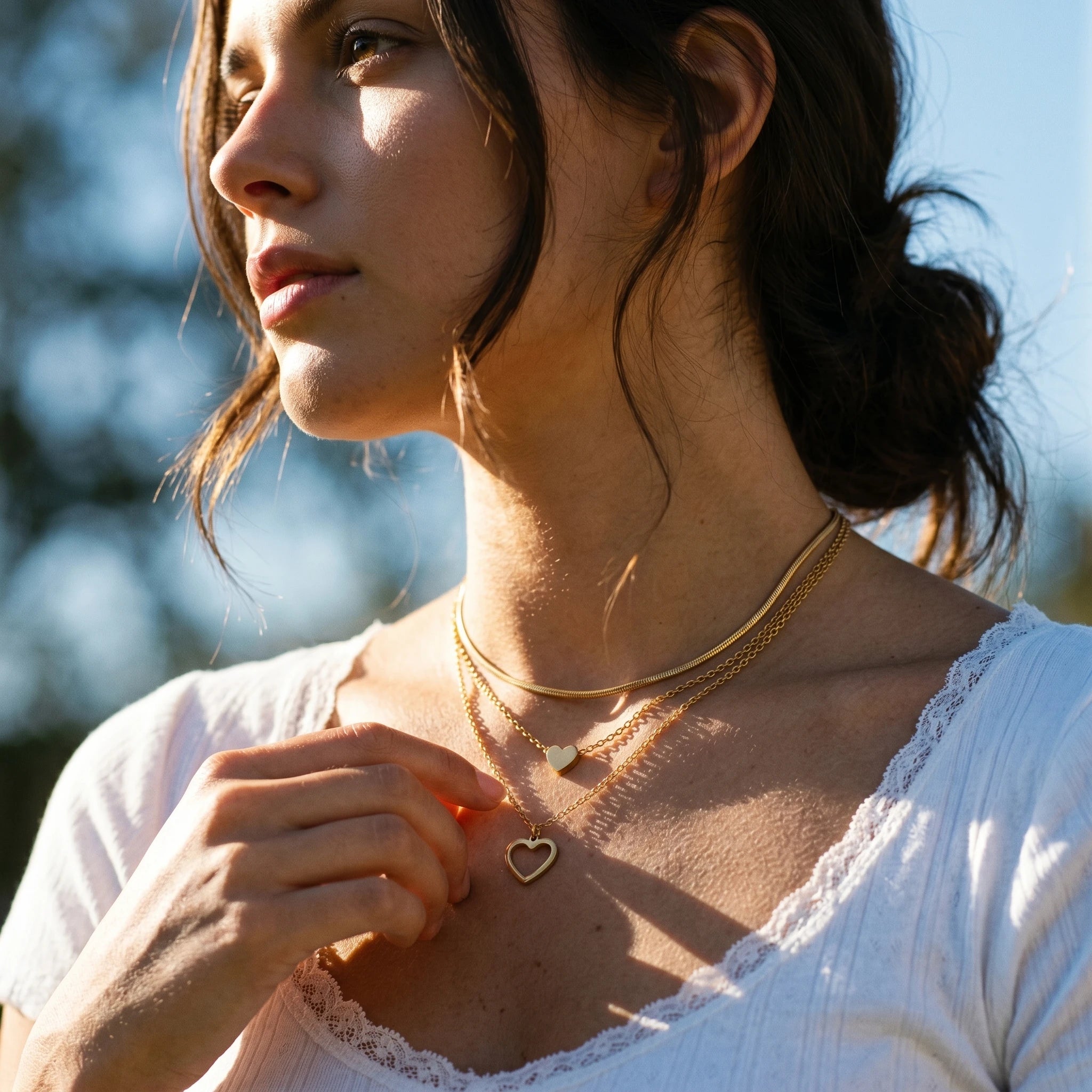 QIAOREN 10623 Trendy Layered Heart Necklace Stainless Steel Gold Plated Link Chain Party Jewelry for Women