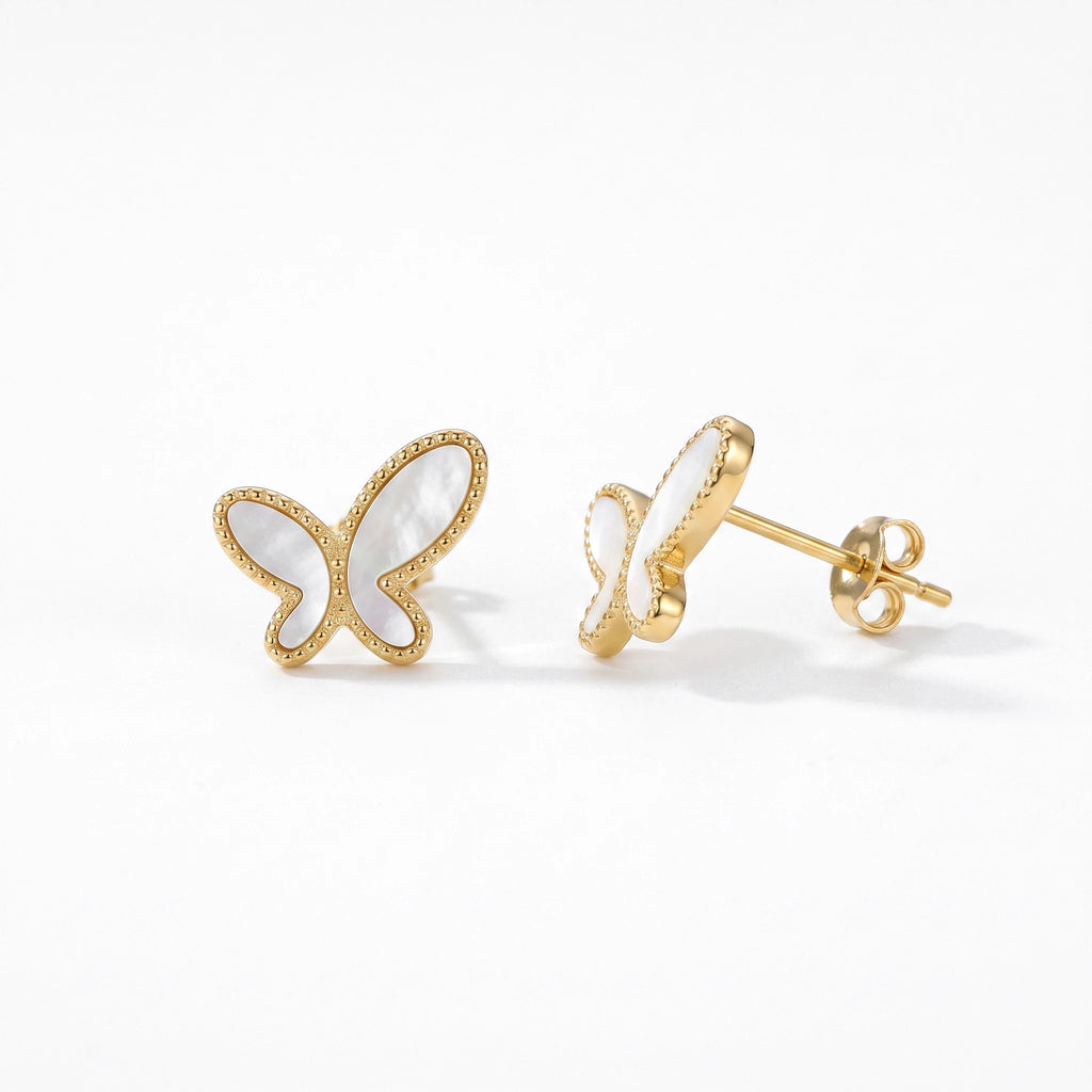 QIAOREN 13818 Beaded Border Butterfly Stud Earrings Inlaid Natural White Mother of Pearl, Polished Gold Dainty Insect Ear