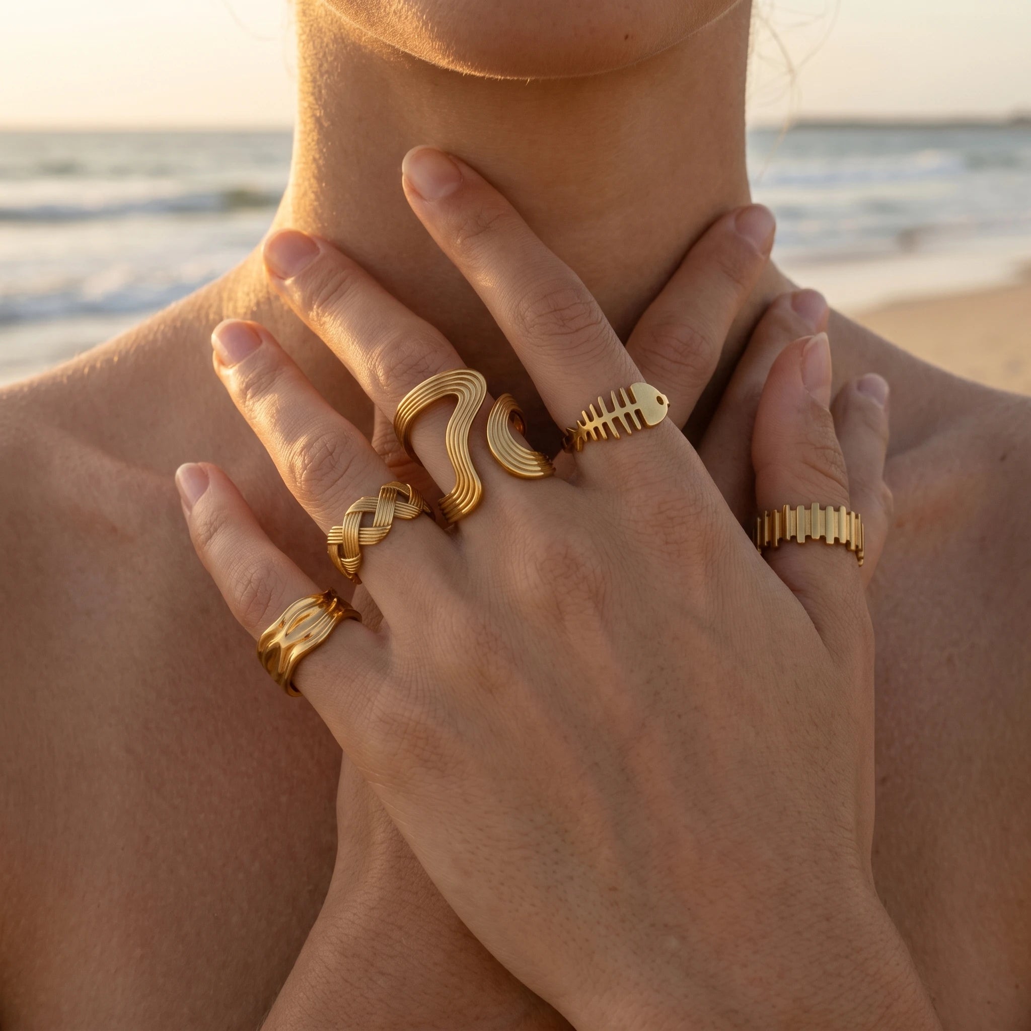 QIAOREN 10711 Stainless Steel Gold Adjustable Open Rings Multi Design Wave Fish Bone Braided Stack Finger Jewelry for Women