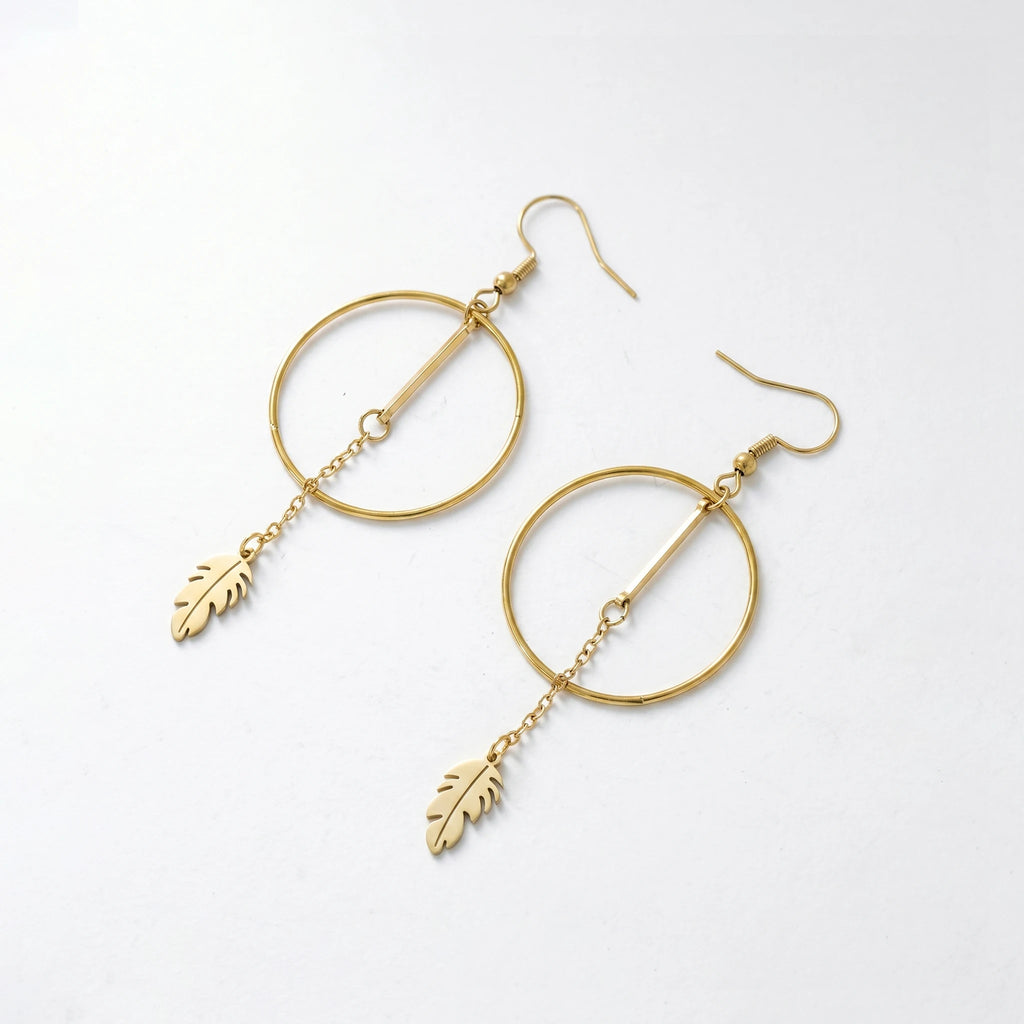 QIAOREN 11853 Elegant Minimalist Circle Bar  Drop Earrings Gold Stainless Steel Long Tassel Leaf Jewelry Gift for Women EU US