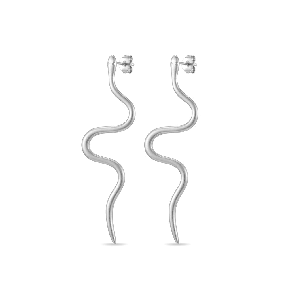 QIAOREN 11847 Edgy Satin Gold Serpent Stud Earrings Stainless Steel Minimalist Wavy Snake Jewelry Statement Gift for Women US