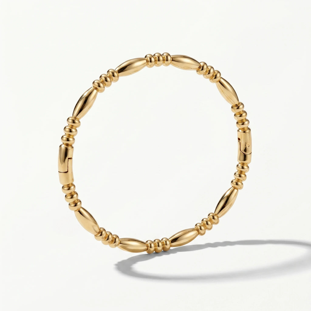 QIAOREN 12678 18K Gold Plated Stainless Steel Beaded Oval Bracelet Waterproof Tarnish Free Stretch Adjustable Women Jewelry