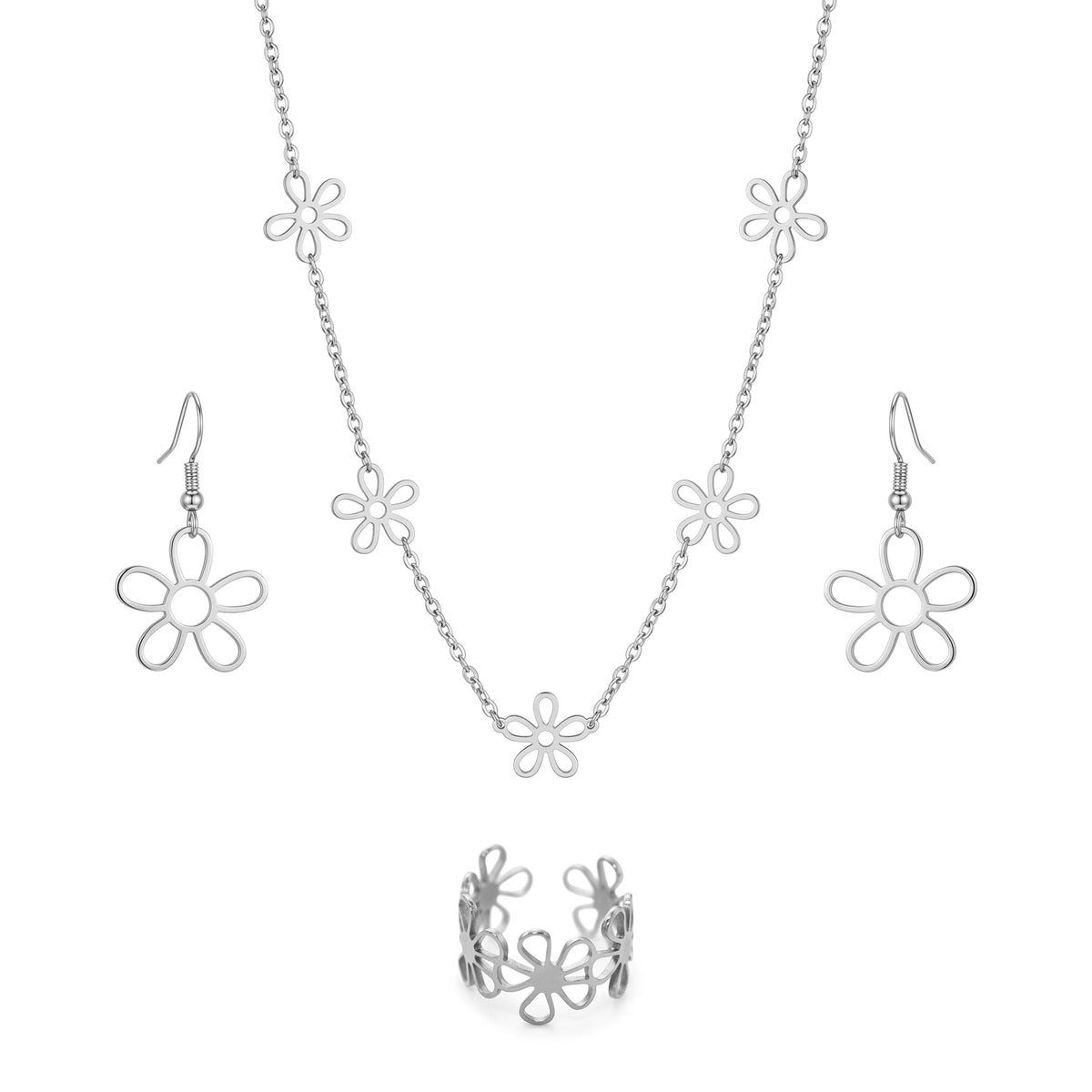 QIAOREN 11571 18K Gold Plated Stainless Steel Hollow Daisy Jewelry Set, 3 Piece Necklace Earrings Ring Set for Women Summer Wear