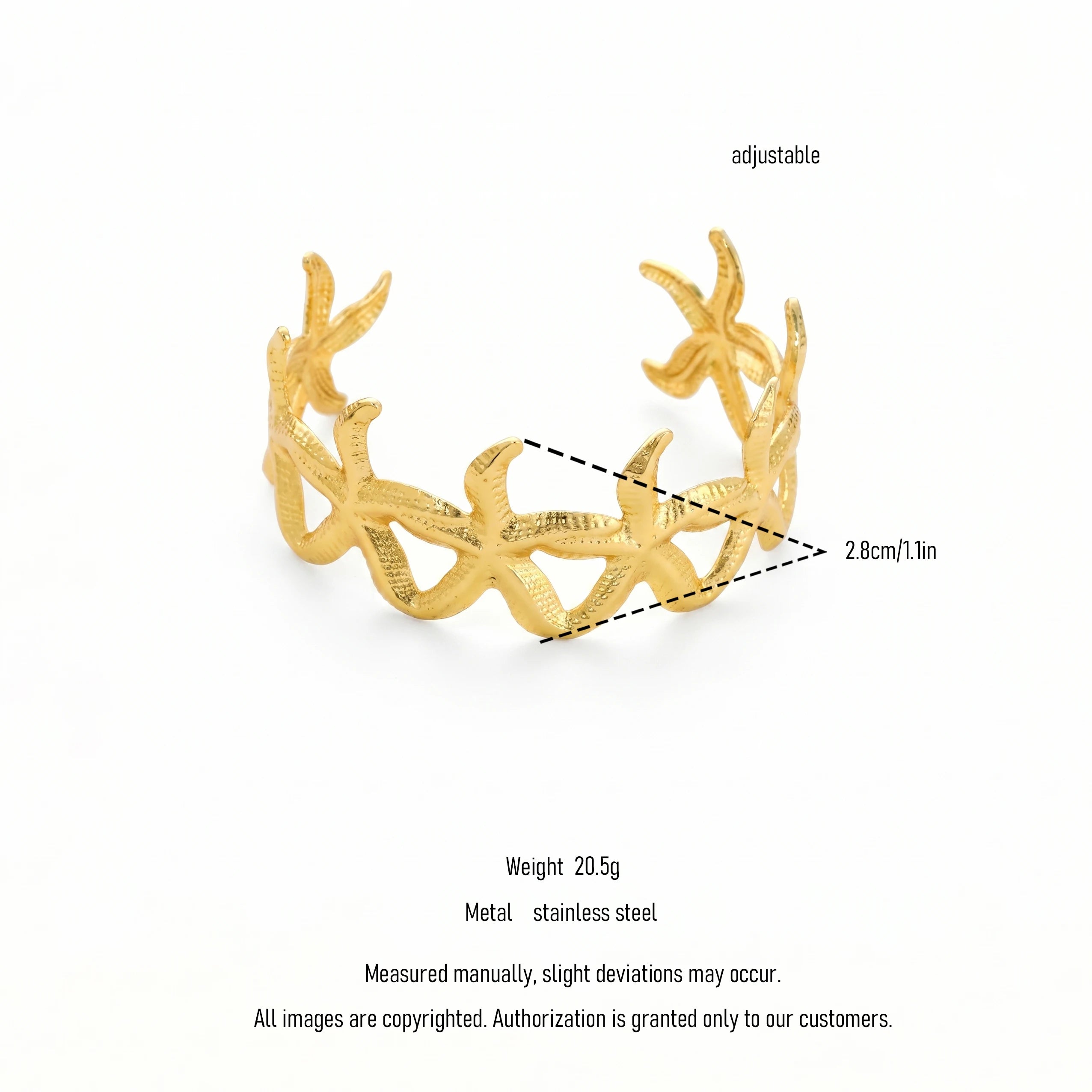 QIAOREN 12713 18K Gold Textured Linked Starfish Hollow Open Cuff Bracelet Stainless Steel Adjustable Stackable Ocean Wrist