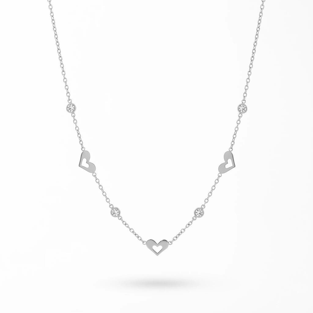 QIAOREN 13165 Gold Plated Open Heart Station Necklace Stainless Steel CZ Chain Necklace Dainty Layering Jewelry for Women