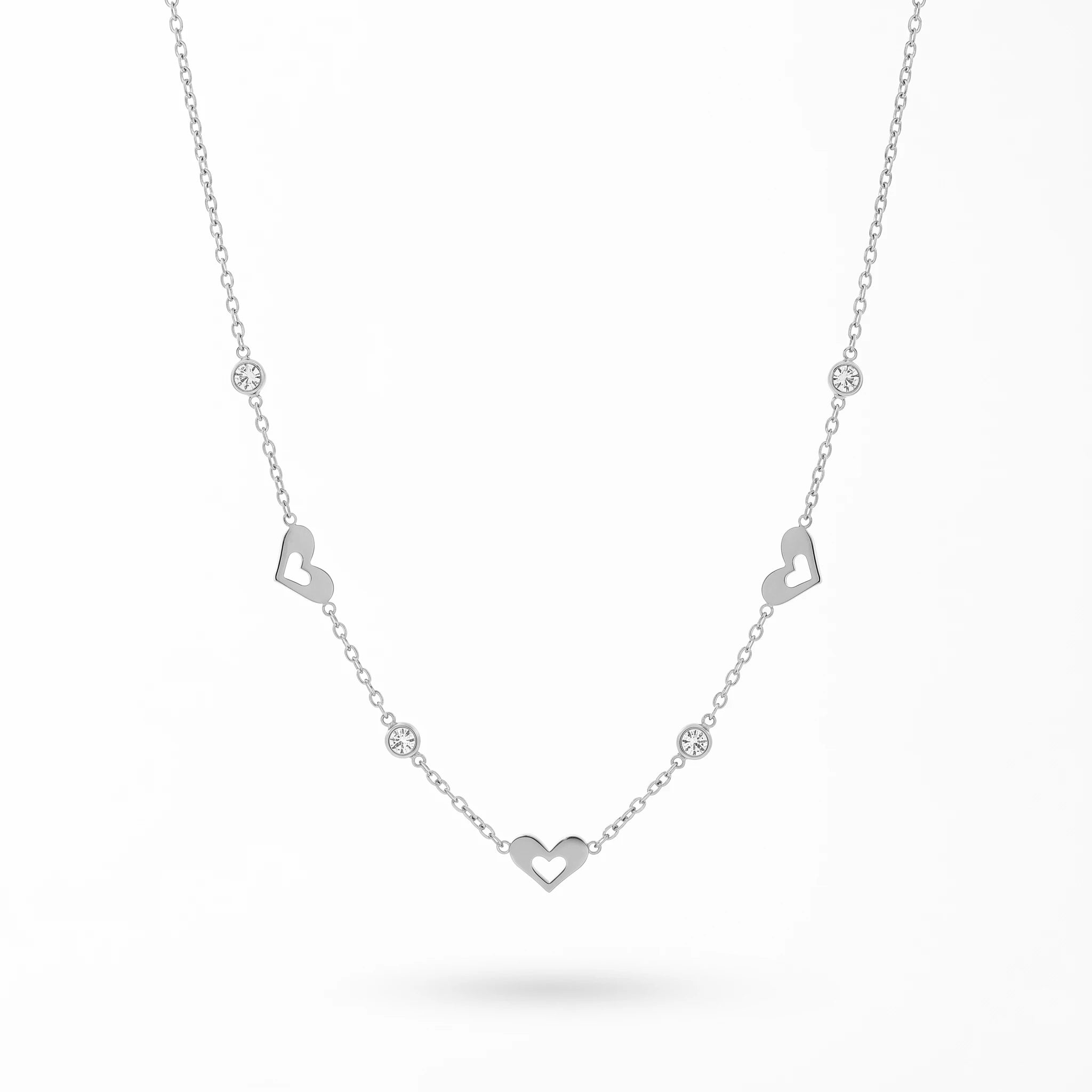 QIAOREN 13165 Gold Plated Open Heart Station Necklace Stainless Steel CZ Chain Necklace Dainty Layering Jewelry for Women