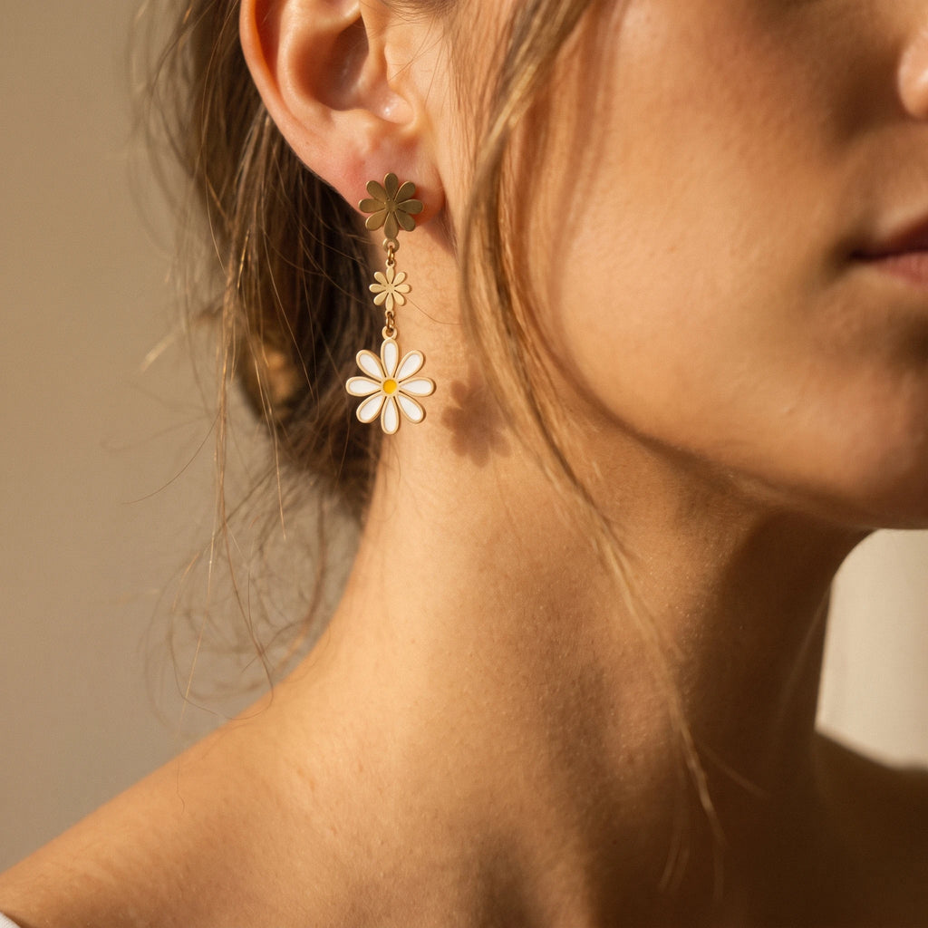 QIAOREN 14547 Triple Daisy Enamel Drop Stud Earrings, Gold Floral Dangle Earrings with White Yellow Enamel Jewelry