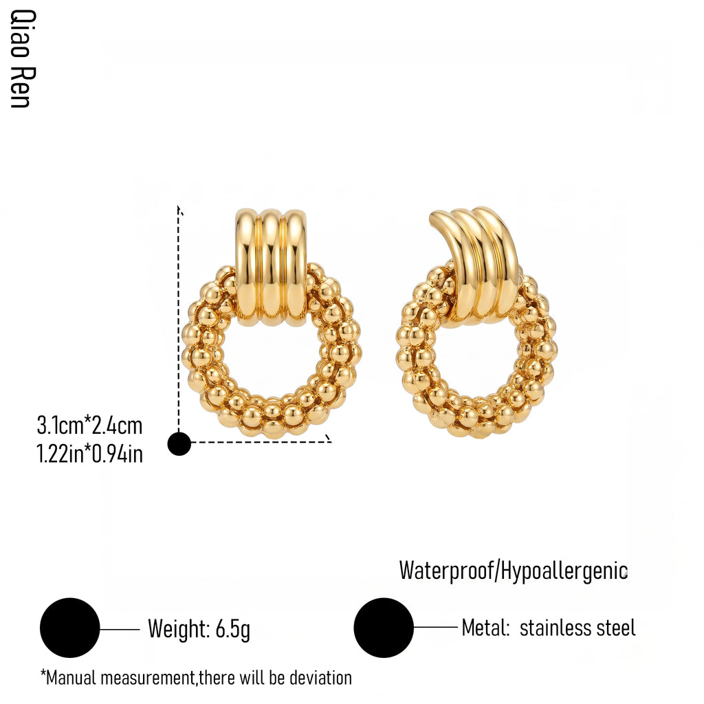 QIAOREN 14539 Ridged Buckle Beaded Ring Stud Earrings, Textured Circle & Grooved Polished Gold  Hypoallergenic Jewelry Gift
