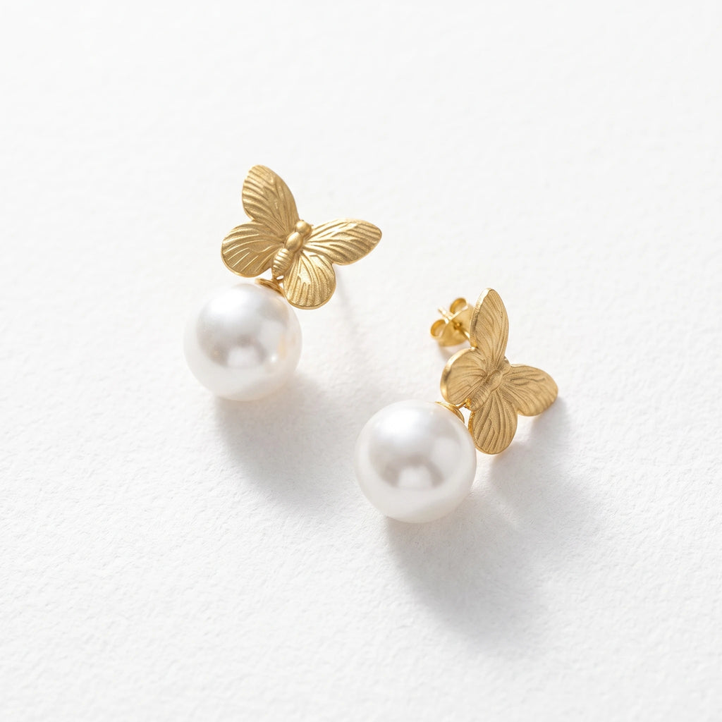QIAOREN 13964 Stainless Steel Butterfly Pearl Earrings Gold Dangle Stud Earrings Dainty Jewelry Gift for Women