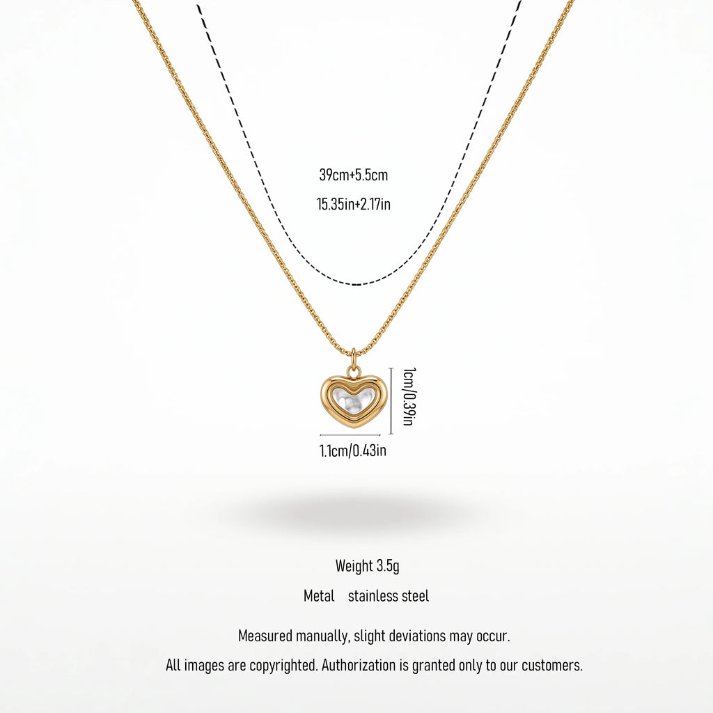 QIAOREN 13512 Dainty Double Layered Heart Pendant Necklace with White Shell Inlay, Smooth Gold Frame Thin Cable Chain Necklace