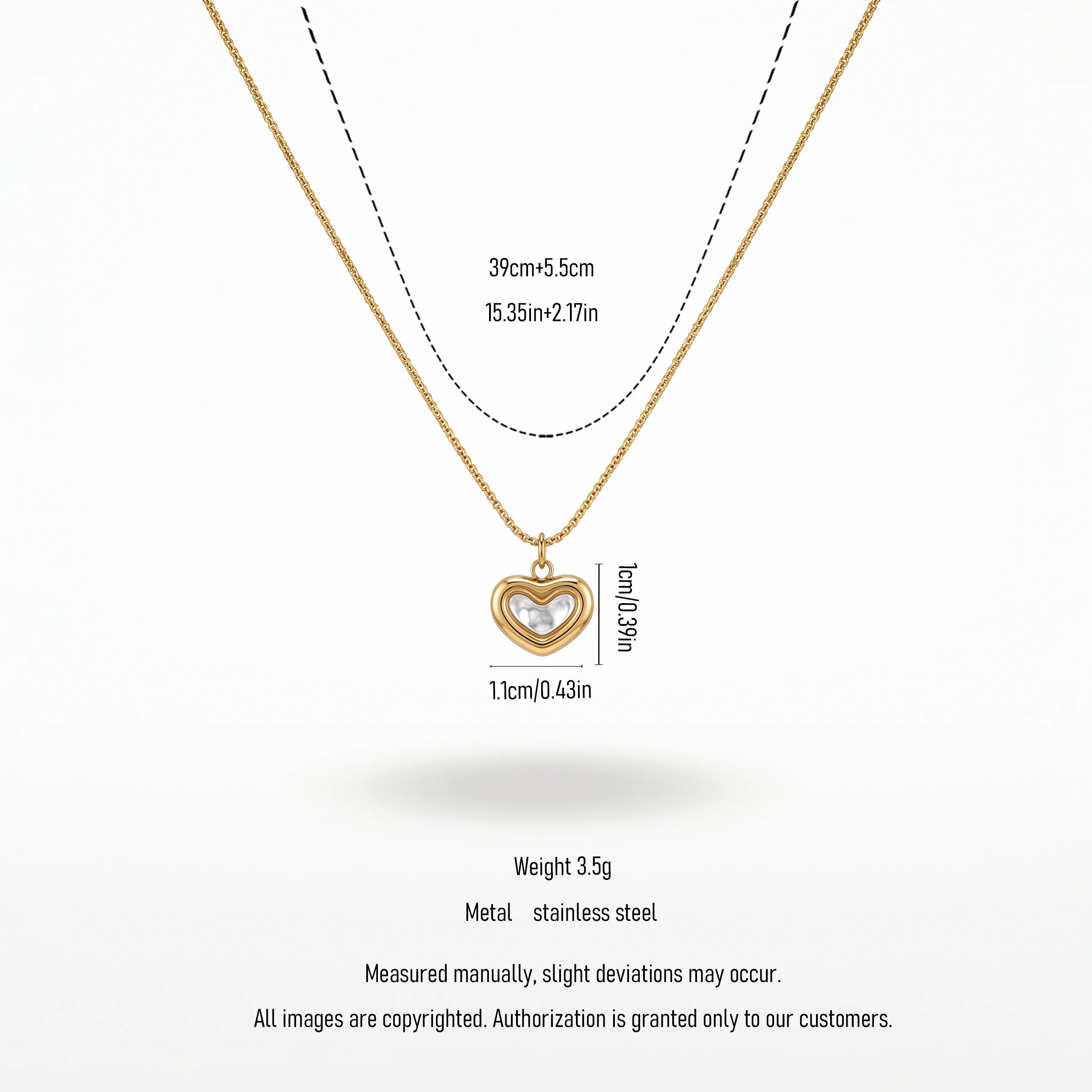 QIAOREN 13512 Dainty Double Layered Heart Pendant Necklace with White Shell Inlay, Smooth Gold Frame Thin Cable Chain Necklace