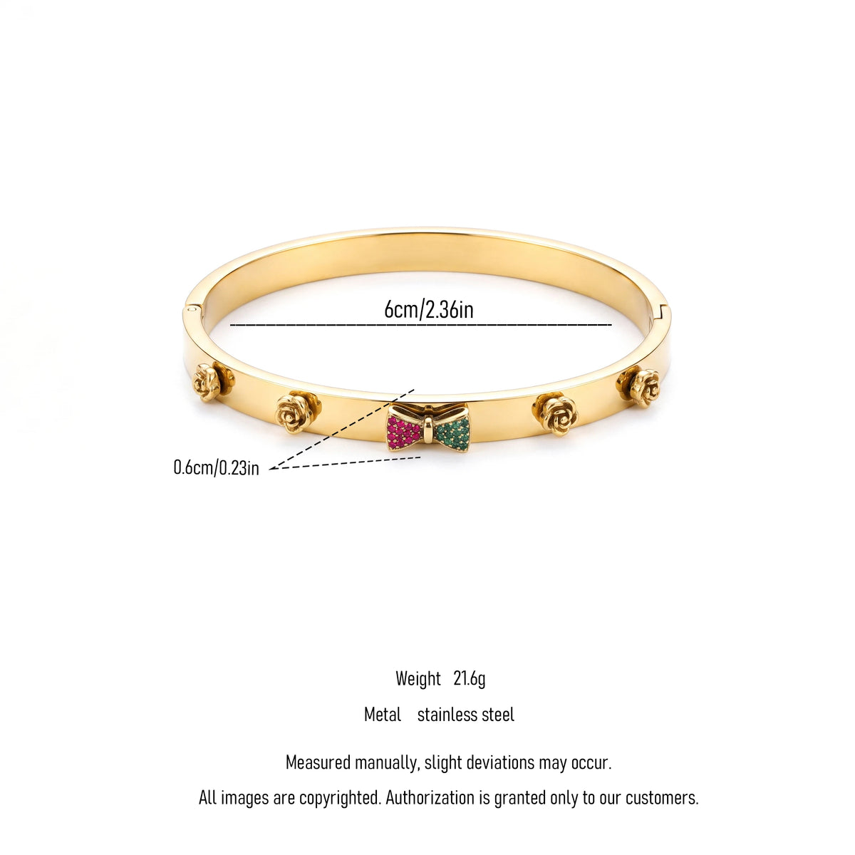 QIAOREN 13666 Spring Opening Gloss Gold Bangle Bracelet with Colorful Rhinestone Bow & Four 3D Rose Charms