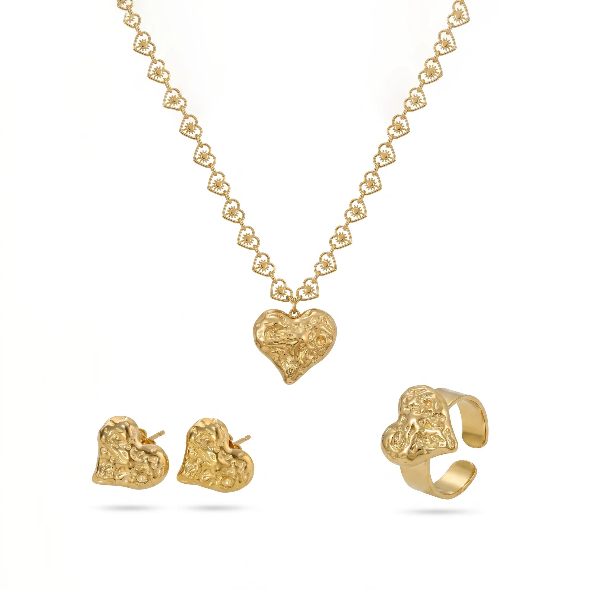 QIAOREN 11525 Textured Heart Jewelry Set Stainless Steel Waterproof Necklace Earrings Ring for Daily & Party