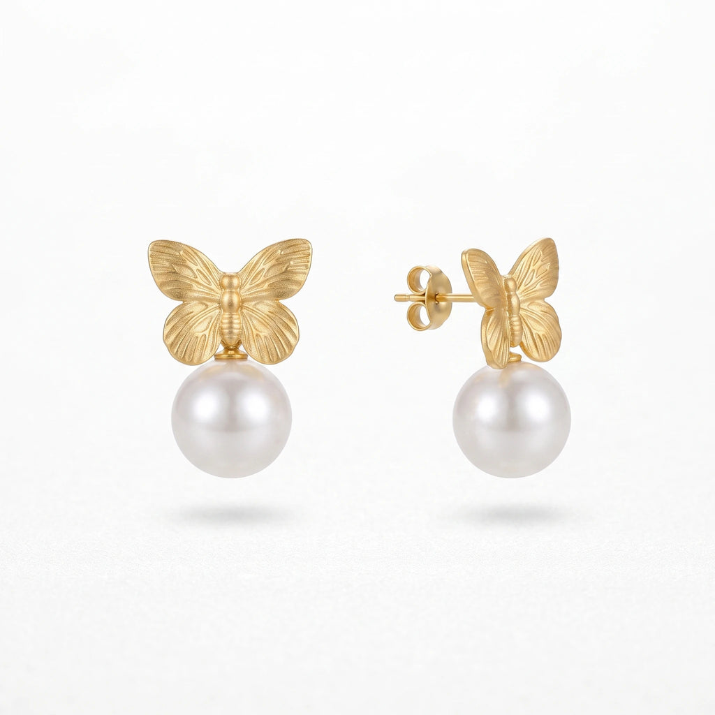 QIAOREN 13964 Stainless Steel Butterfly Pearl Earrings Gold Dangle Stud Earrings Dainty Jewelry Gift for Women