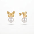 QIAOREN 13964 Stainless Steel Butterfly Pearl Earrings Gold Dangle Stud Earrings Dainty Jewelry Gift for Women