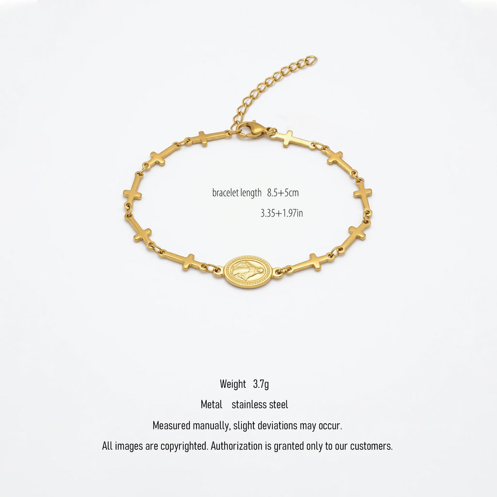 QIAOREN 10574 Miraculous Medal Cross Bracelet 18K Gold Plated Stainless Steel Waterproof Tarnish Free Religious Jewelry