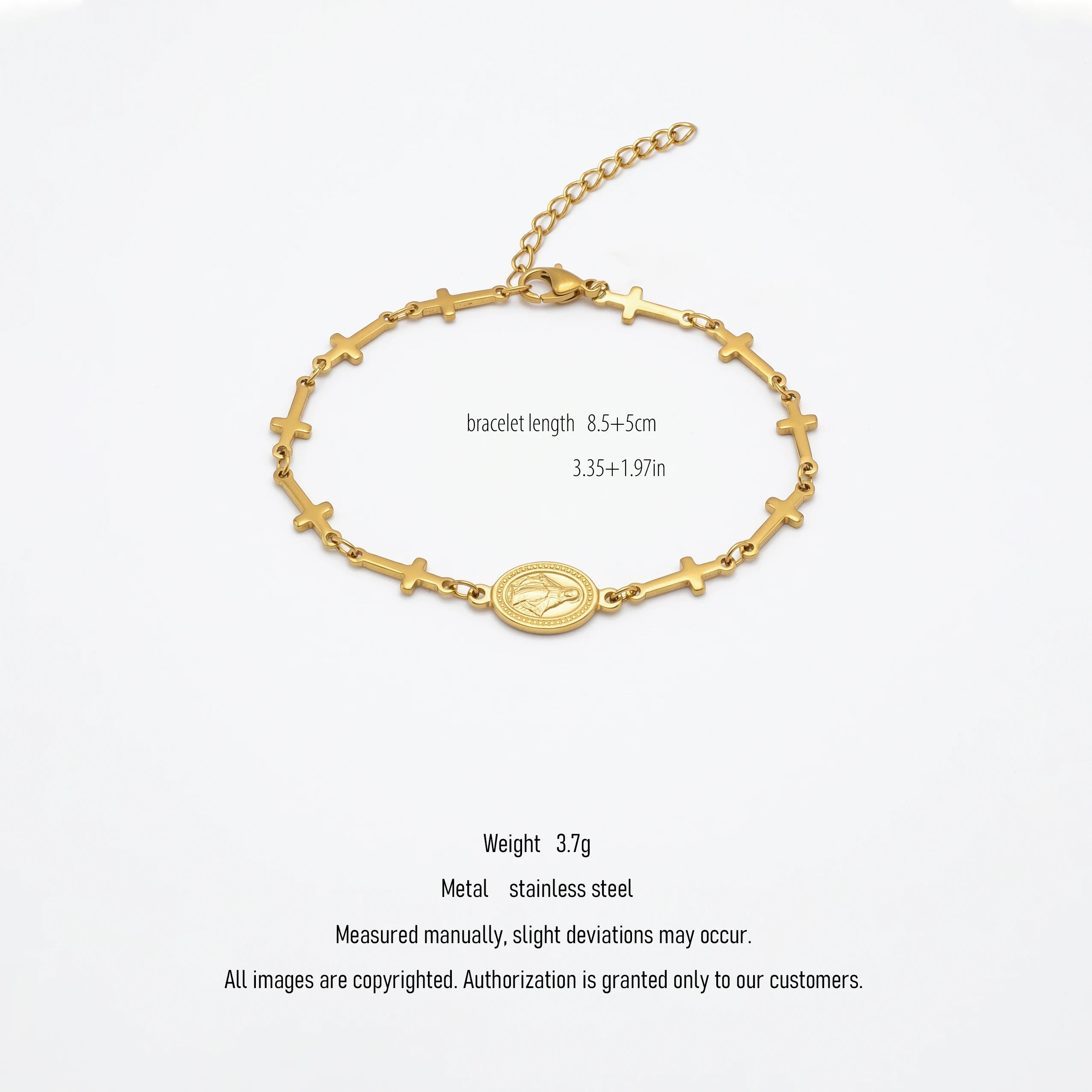 QIAOREN 10574 Miraculous Medal Cross Bracelet 18K Gold Plated Stainless Steel Waterproof Tarnish Free Religious Jewelry