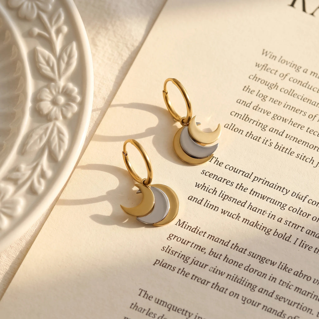 QIAOREN 14425 Two Tone Triple Crescent Moon Charm Huggie Hoop Earrings, Stainless Steel Small Hoop Earrings Jewelry Gift