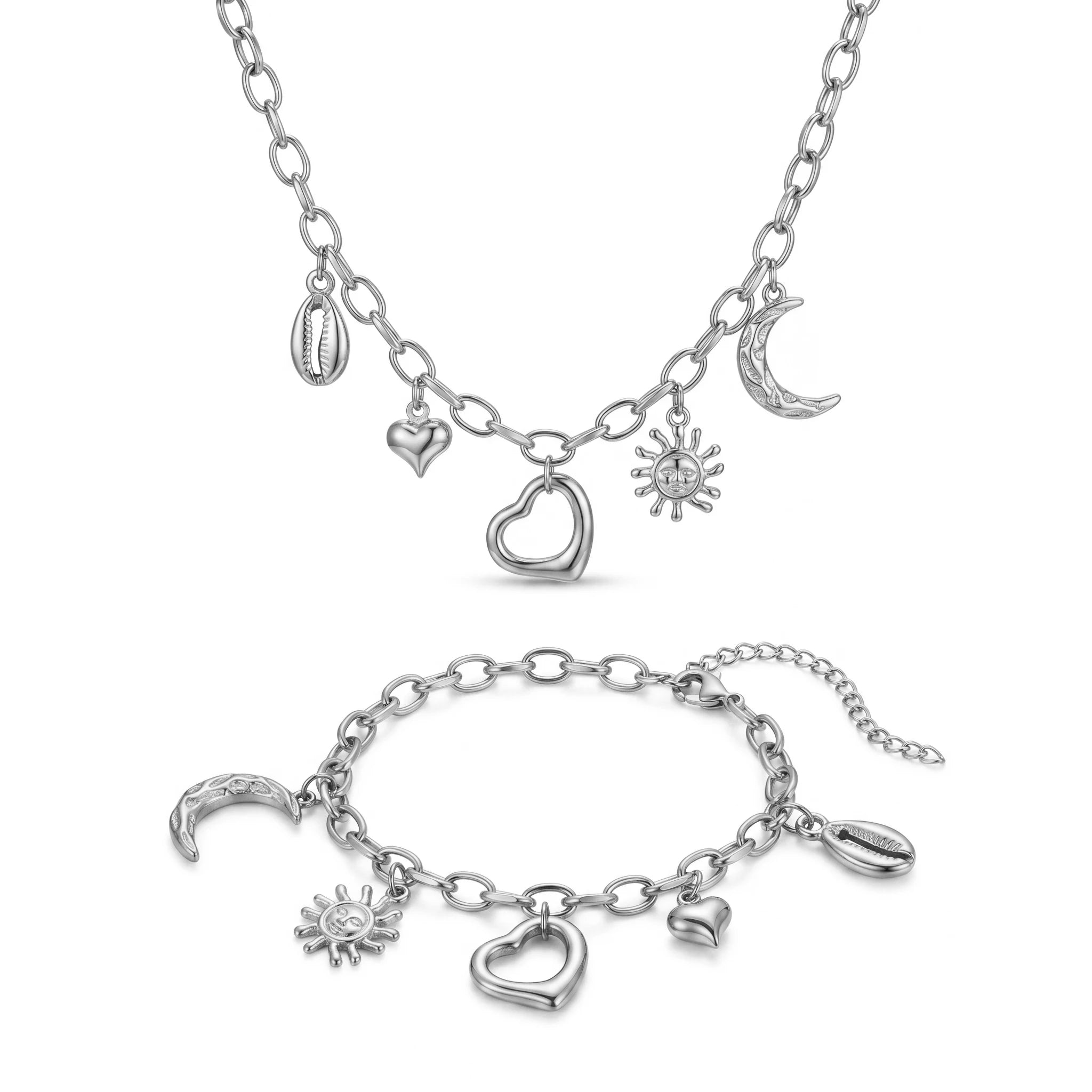 QIAOREN 11685 Boho Beach Sun Moon Shell Charm Jewelry Set 18K Gold Stainless Steel Paperclip Chain Necklace Bracelet