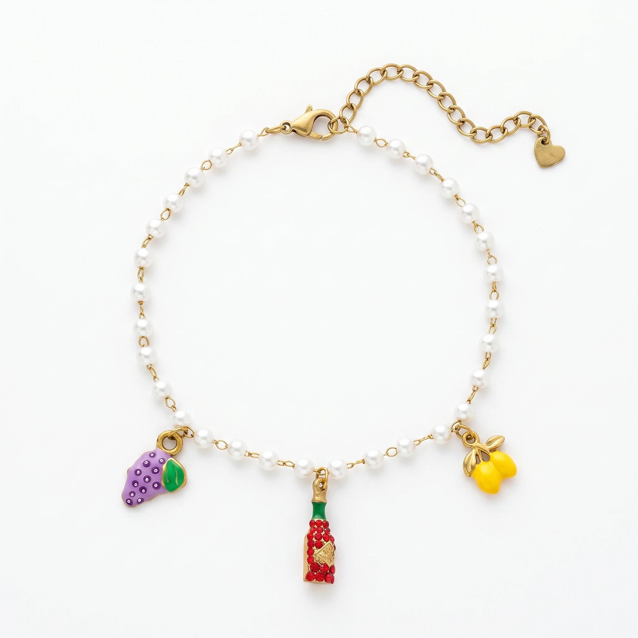 QIAOREN 13308 Sweet Fruit Themed Pearl Anklet Enamel Grape Lemon Rhinestone Wine Bottle Adjustable Heart Jewelry