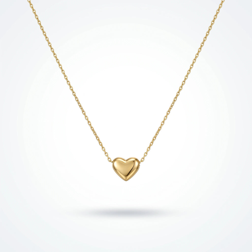 QIAOREN 13475 Minimalist Smooth Puffy Heart Pendant Necklace with Thin Delicate Cable Chain, Dainty Gold Necklace