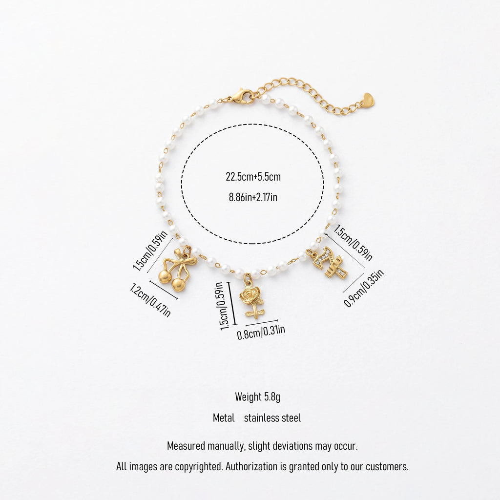 QIAOREN 13334 Coquette Pearl Anklet with Cherry Bow, Metal Rose & Rhinestone Letter Charms, Elegant Sweet Foot Jewelry Gift