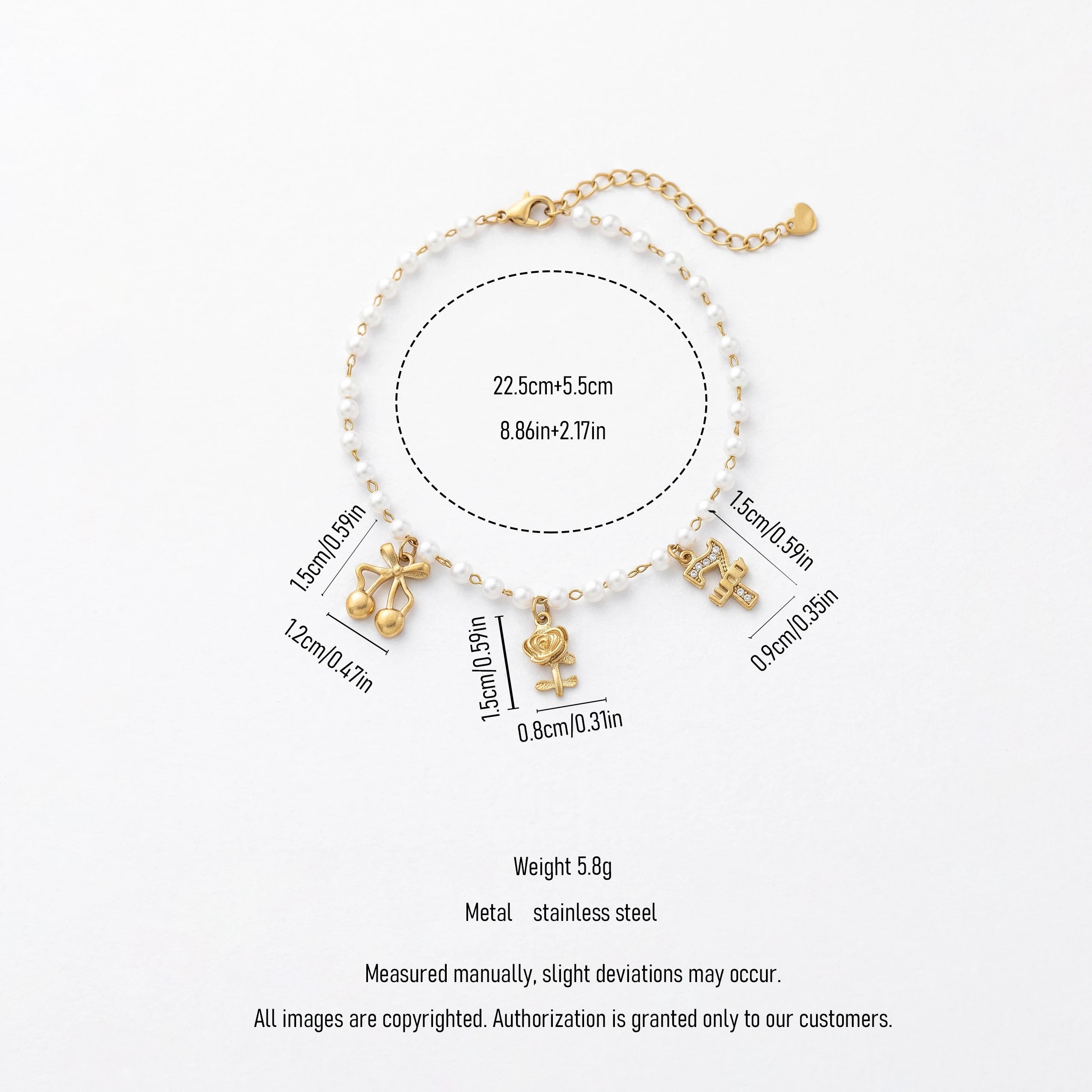 QIAOREN 13334 Coquette Pearl Anklet with Cherry Bow, Metal Rose & Rhinestone Letter Charms, Elegant Sweet Foot Jewelry Gift