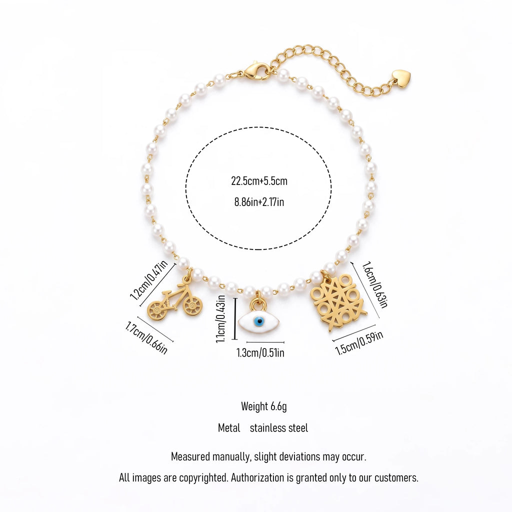 QIAOREN 13332 Vintage Pearl Anklet with Bicycle, Geometric Hollow Charms, Retro Unique Foot Jewelry Gift for Ladies Trendy