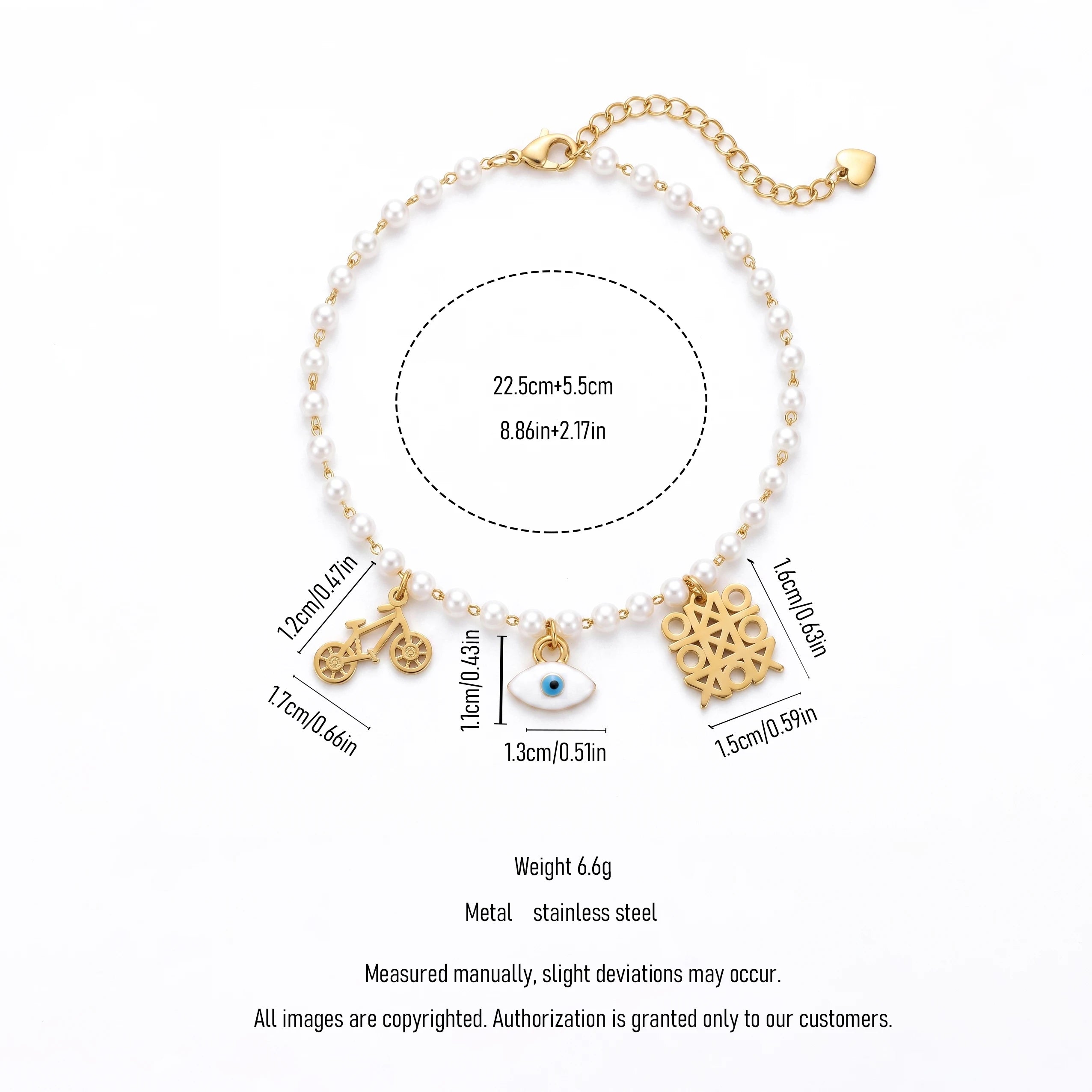 QIAOREN 13332 Vintage Pearl Anklet with Bicycle, Geometric Hollow Charms, Retro Unique Foot Jewelry Gift for Ladies Trendy