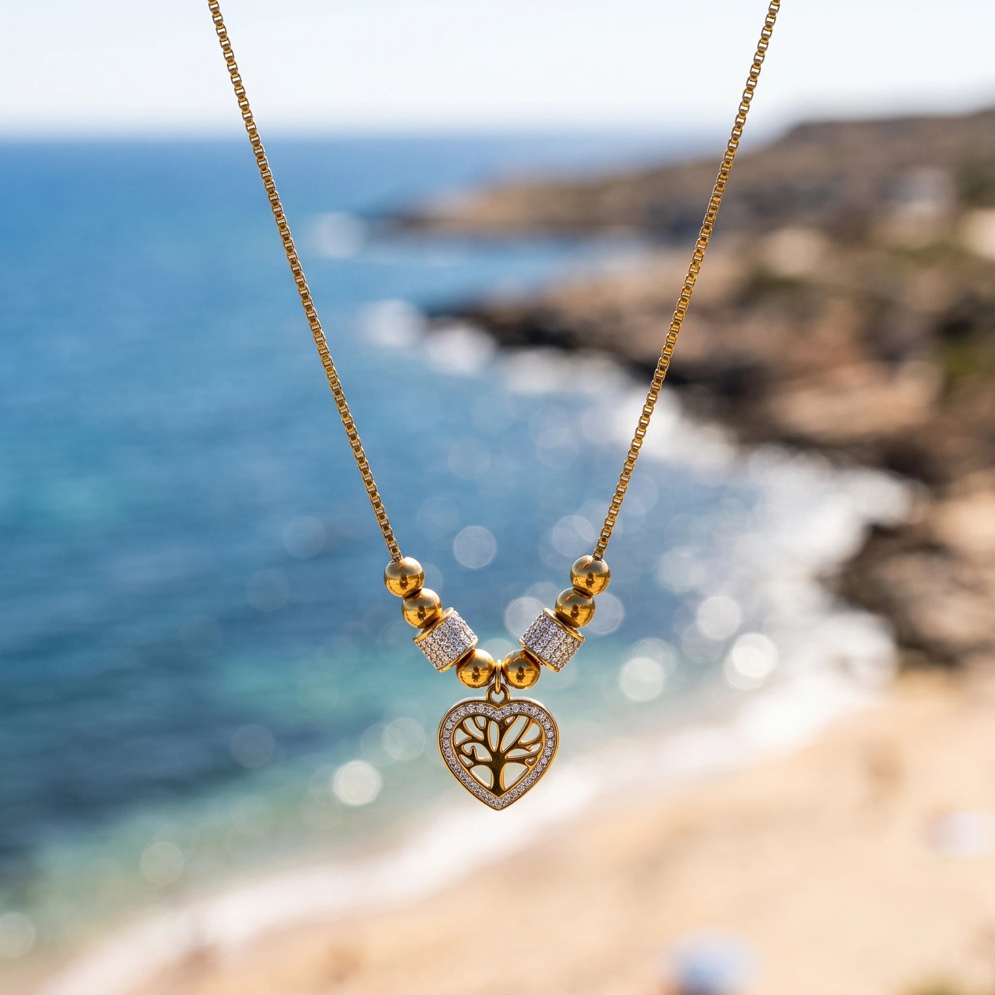 QIAOREN 13809 Thin Box Chain Pendant Necklace with Round Ball Beads & Two Paved CZ Tube Spacers, Hollow Heart Frame Life