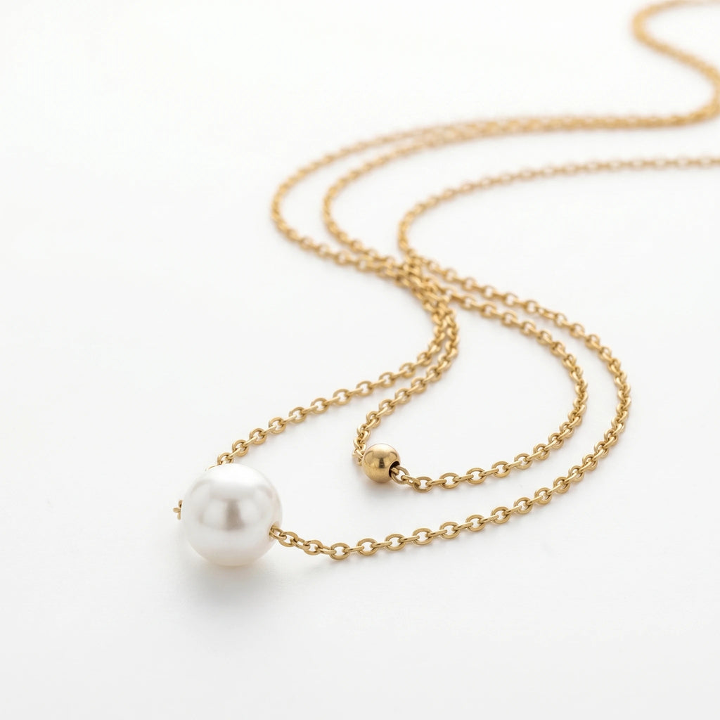QIAOREN 11237 18K Gold Plated Layered Pearl and Gold Ball Pendant Necklace Stainless Steel Tarnish Free Waterproof Jewelry